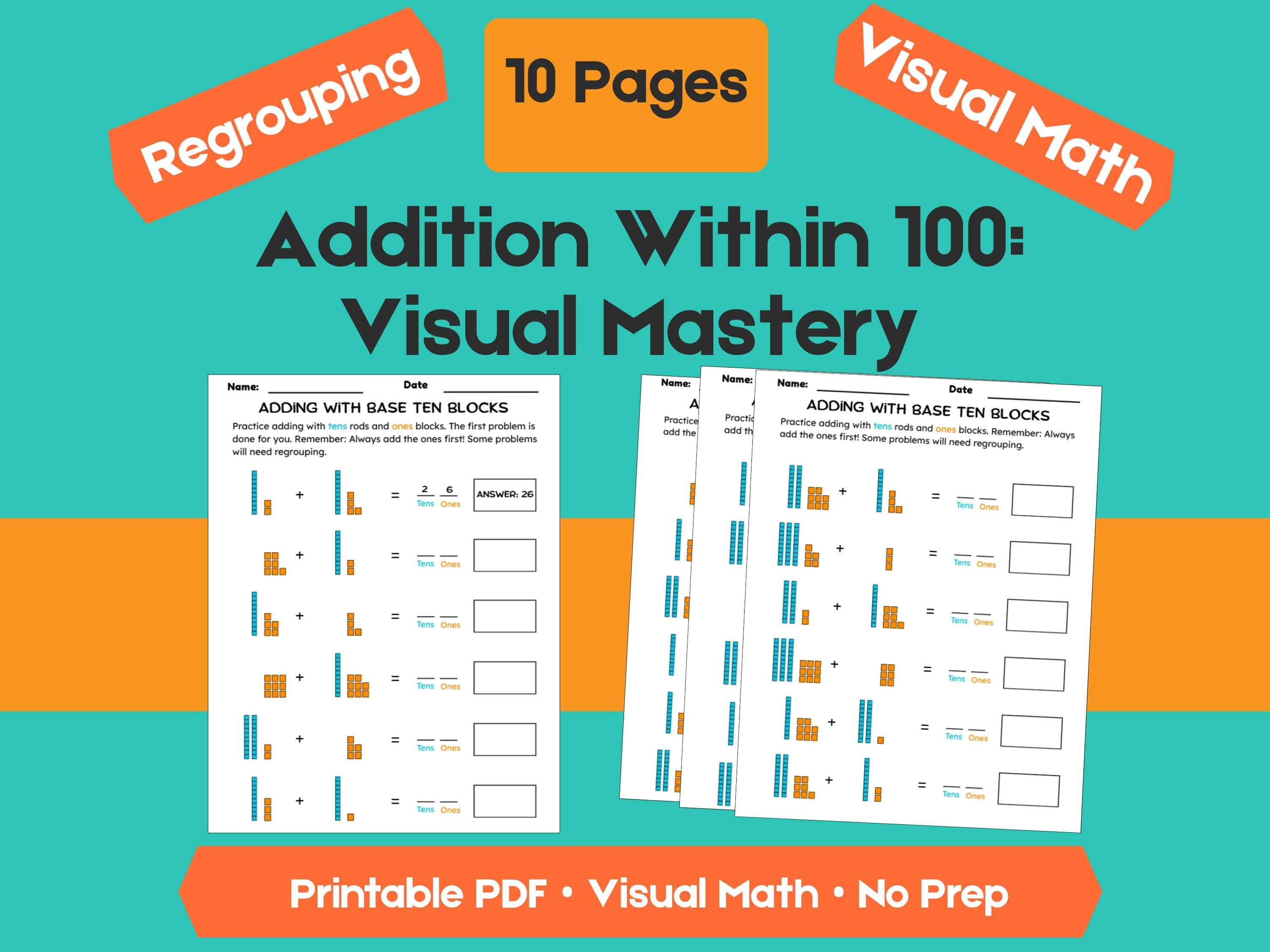 Regrouping Addition Worksheets up to 100 | 10 Pages Printable Math Practice | Addends Within 49 | Homeschool & Classroom PDF