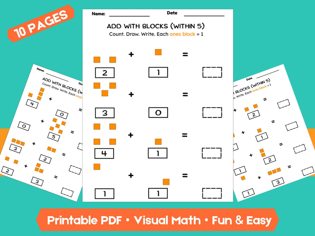 Kindergarten Addition Worksheets | Add Within 5 | No-Prep Math Printables with Blocks (Draw & Write Practice)