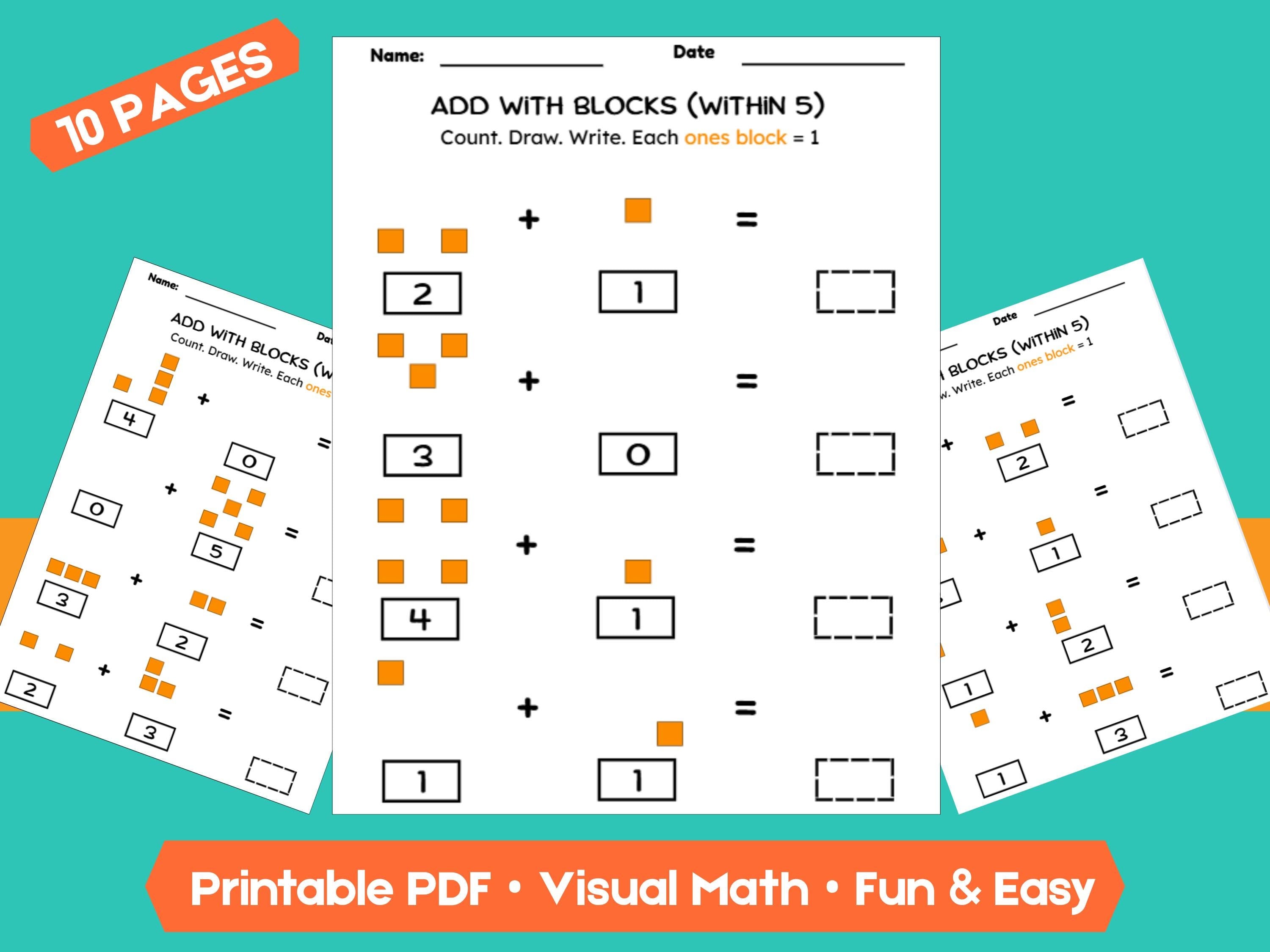 Kindergarten Addition Worksheets | Add Within 5 | No-Prep Math Printables with Blocks (Draw & Write Practice)