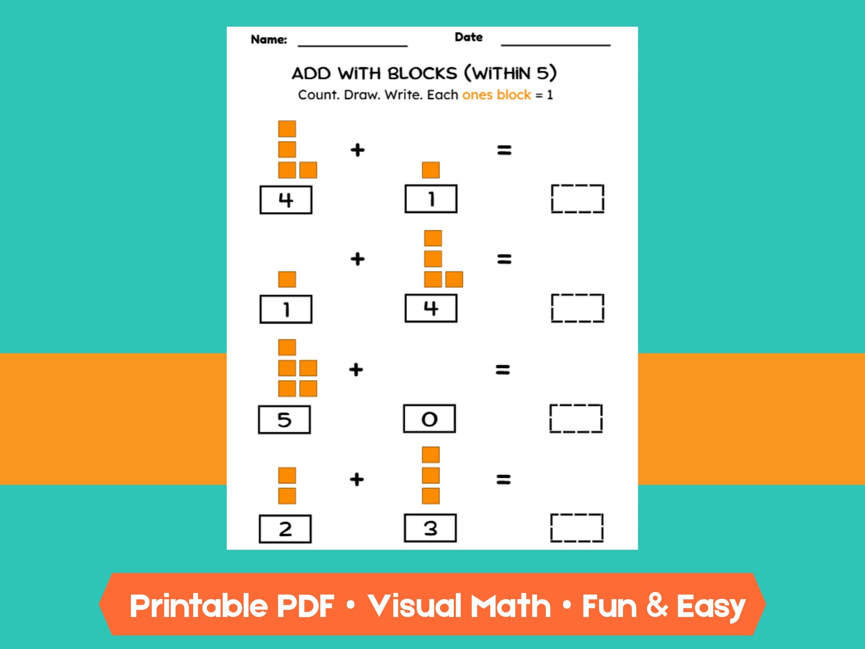 Kindergarten Addition Worksheets | Add Within 5 | No-Prep Math Printables with Blocks (Draw & Write Practice)