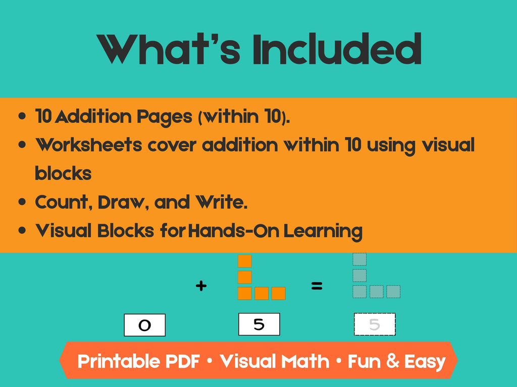 Kindergarten Addition Worksheets | Add Within 10 | No-Prep Math Printables with Blocks (Draw & Write Practice)