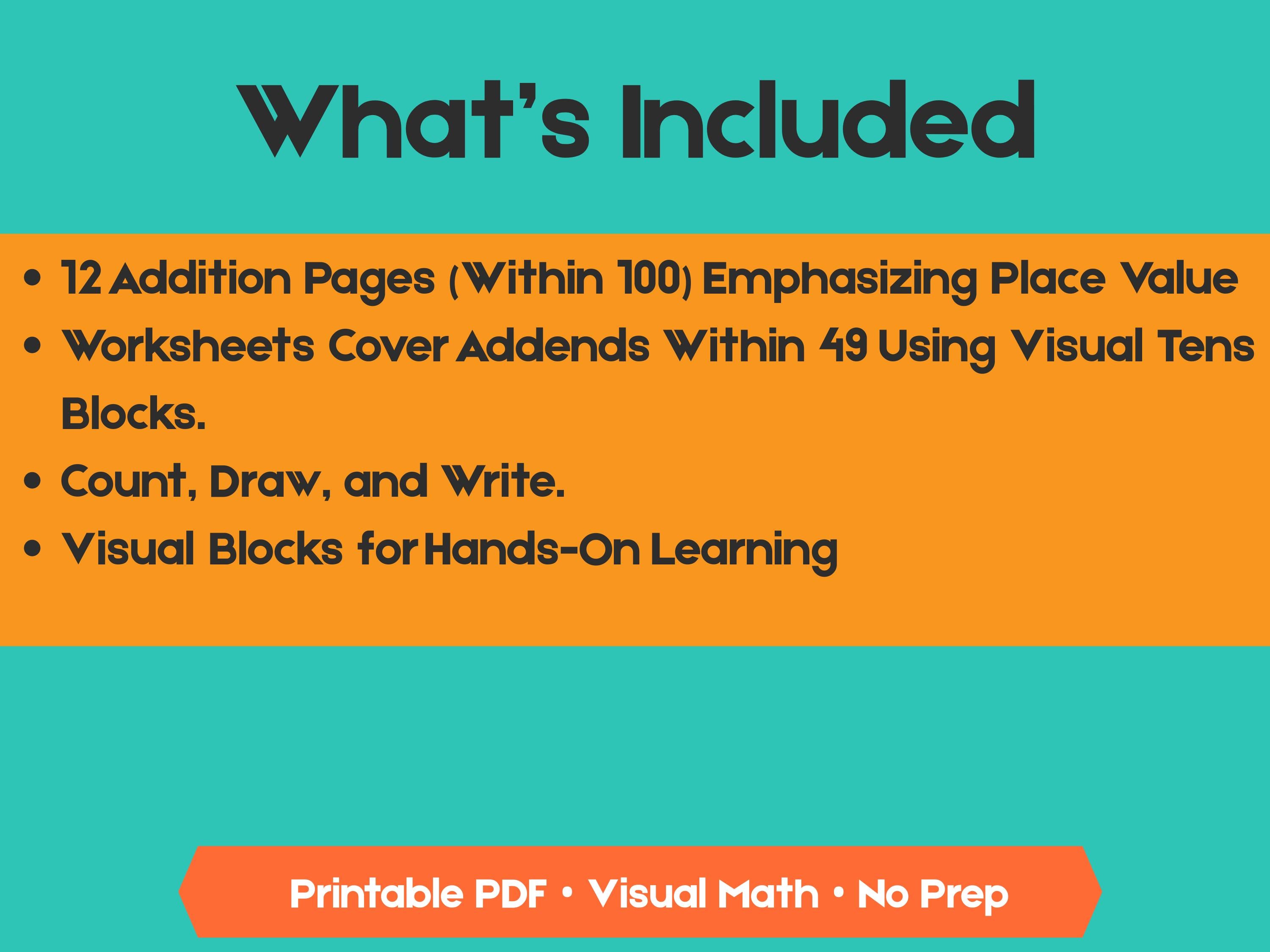 Addition with Place Value Blocks Worksheets | Adding Within 100 | Tens and Ones Regrouping Practice | Printable Math PDF