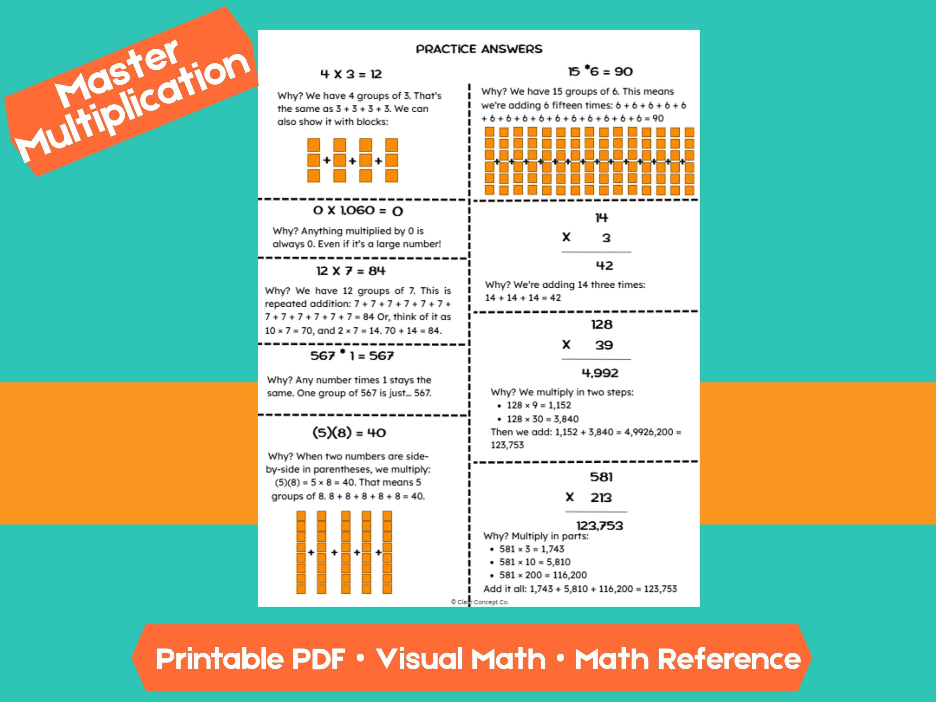 Multiplication Cheat Sheet | Visual Math Reference with Practice + Answer Key (Grades 2–5)