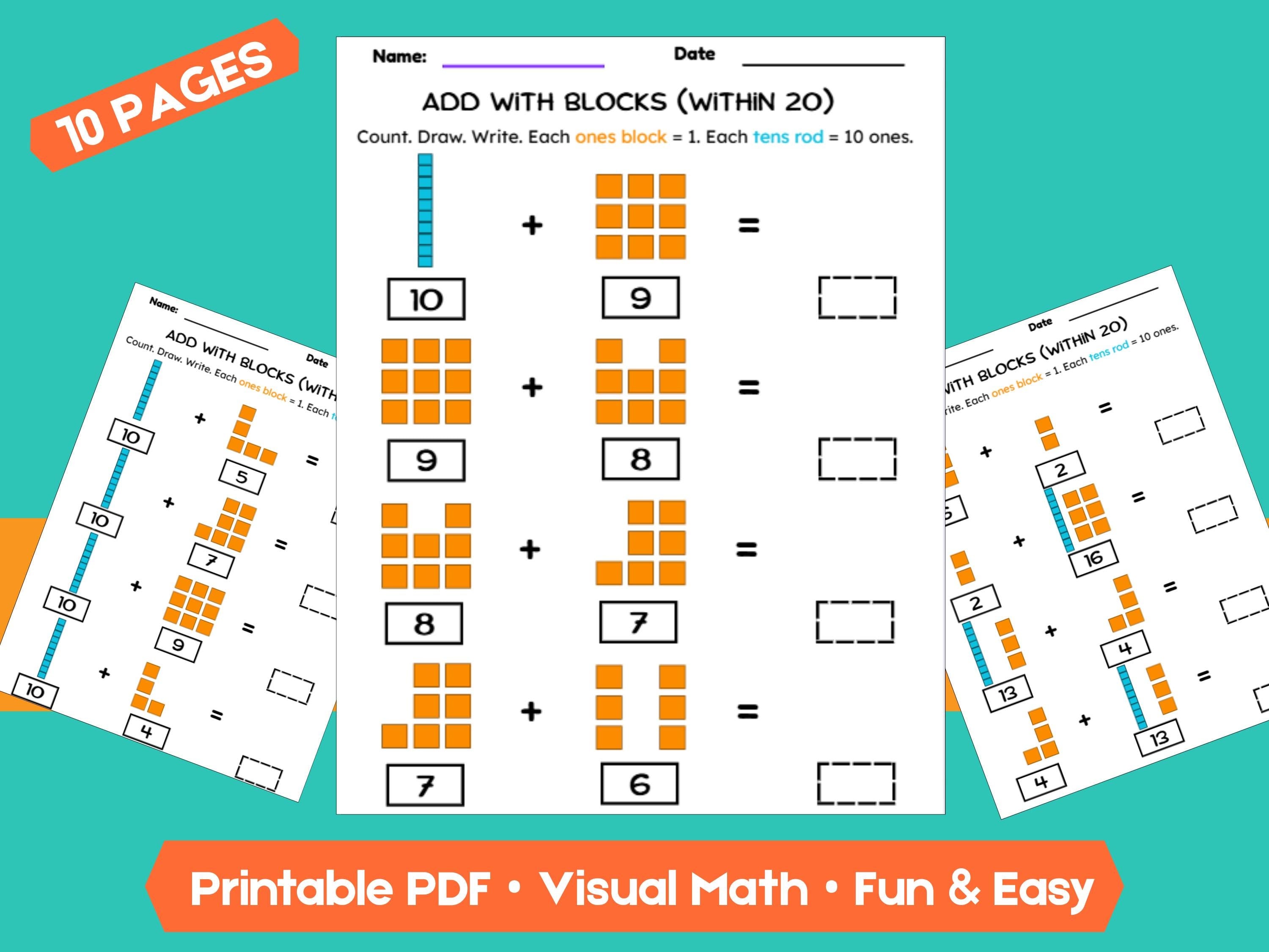 Kindergarten Addition Worksheets | Add Within 20 | No-Prep Math Printables with Blocks (Draw & Write Practice)