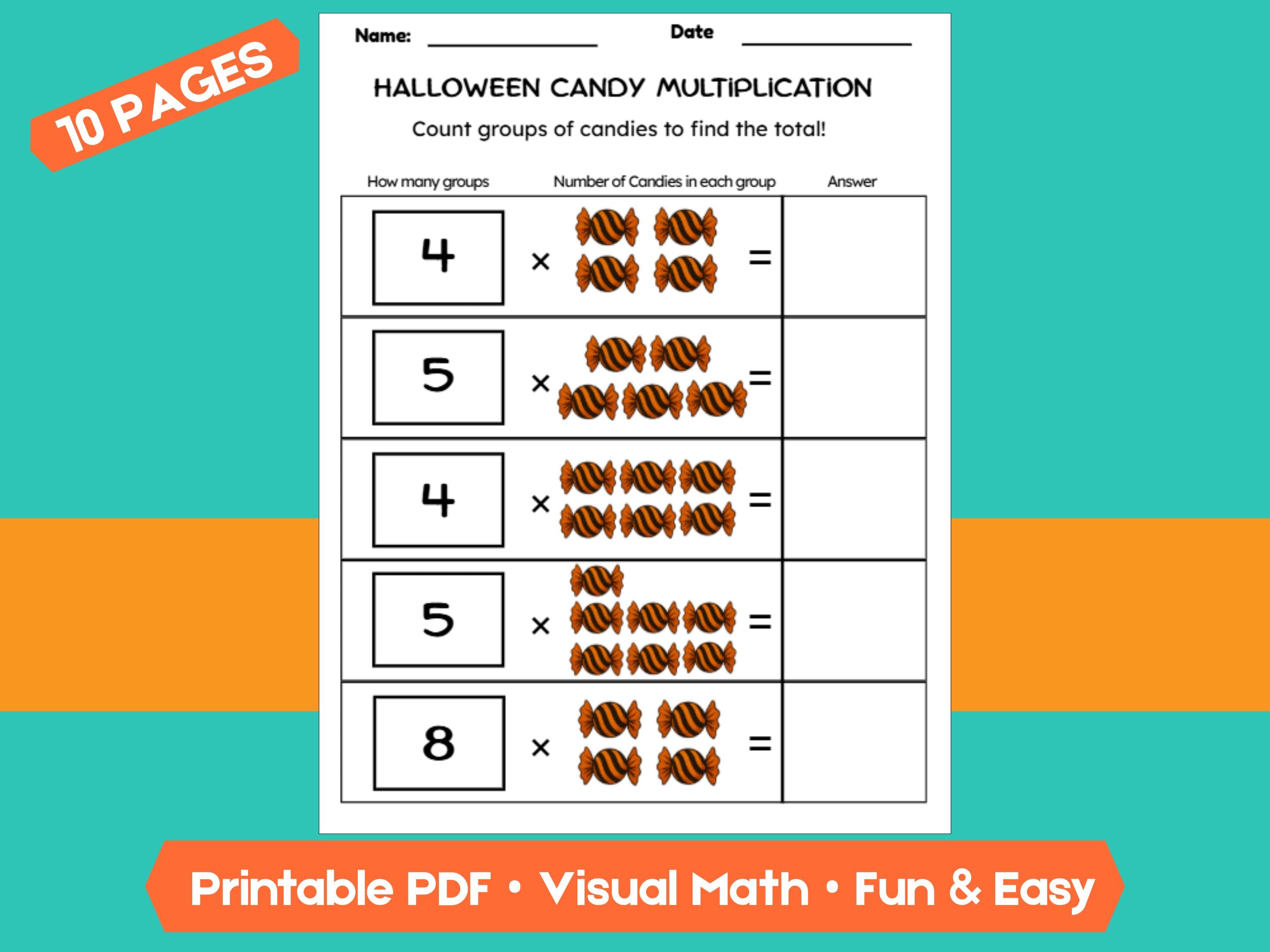 Halloween Candy Multiplication Worksheets | 10 Pages | Fun & Visual Math Practice for Kids