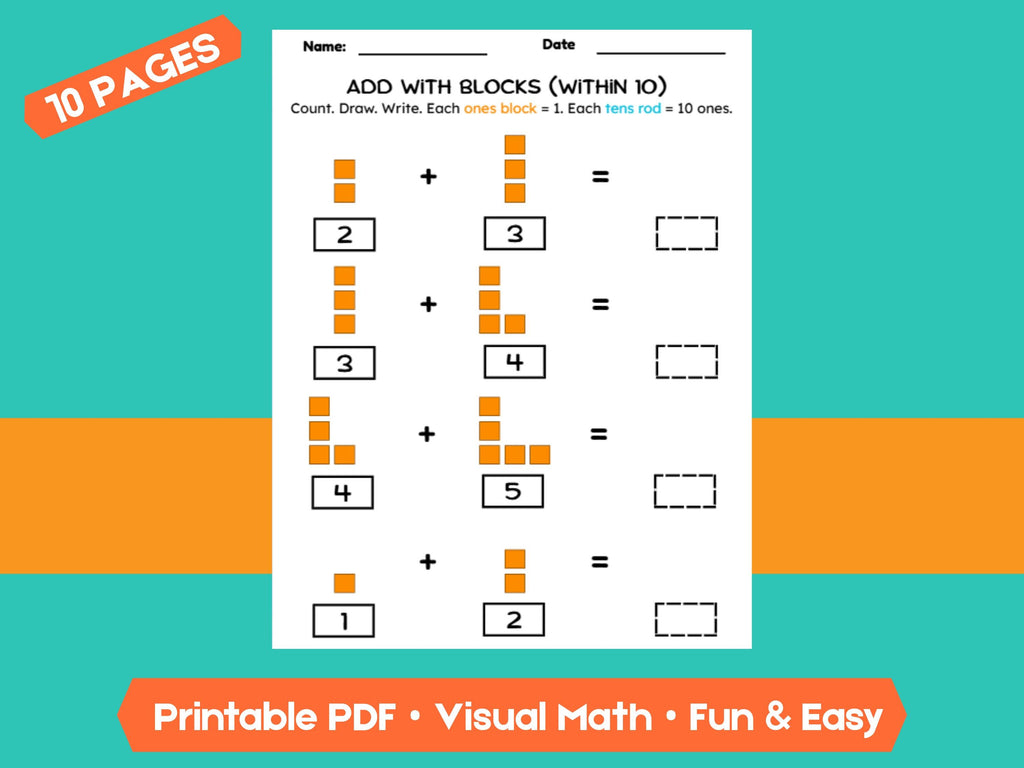 Kindergarten Addition Worksheets | Add Within 10 | No-Prep Math Printables with Blocks (Draw & Write Practice)