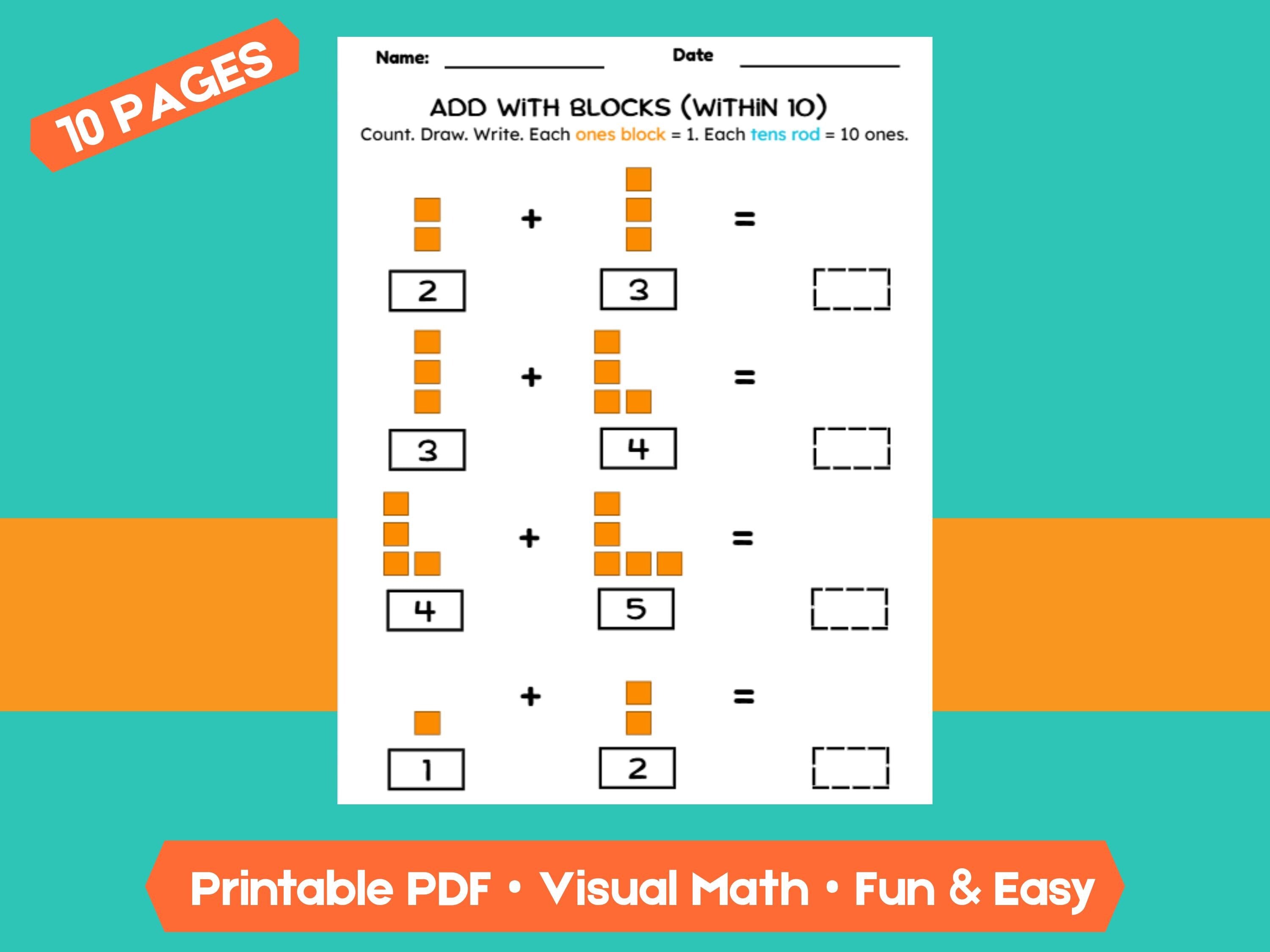 Kindergarten Addition Worksheets | Add Within 10 | No-Prep Math Printables with Blocks (Draw & Write Practice)