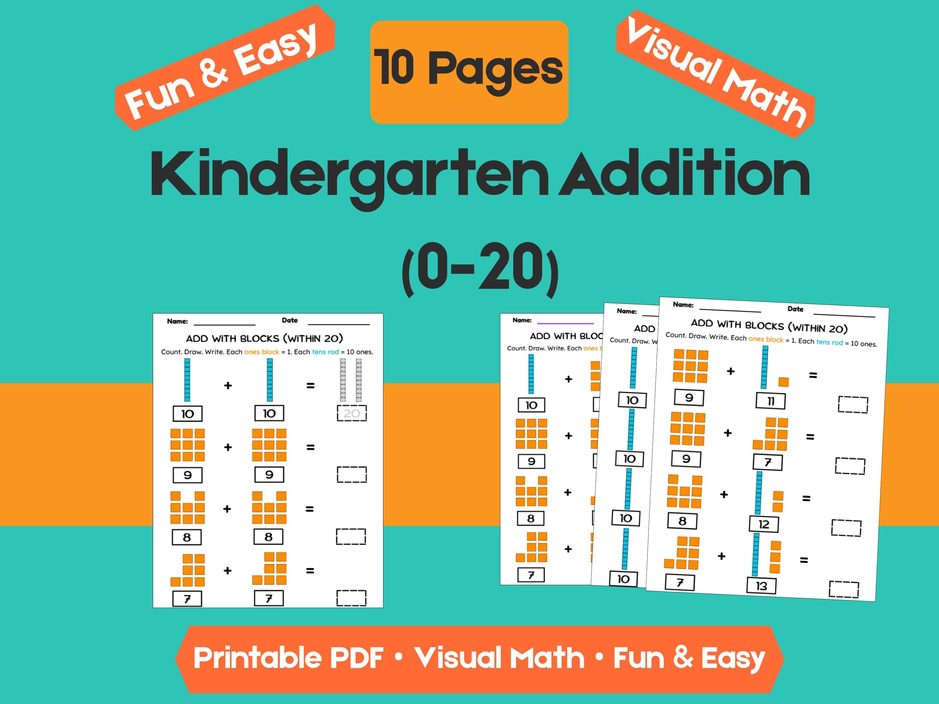Kindergarten Addition Worksheets | Add Within 20 | No-Prep Math Printables with Blocks (Draw & Write Practice)
