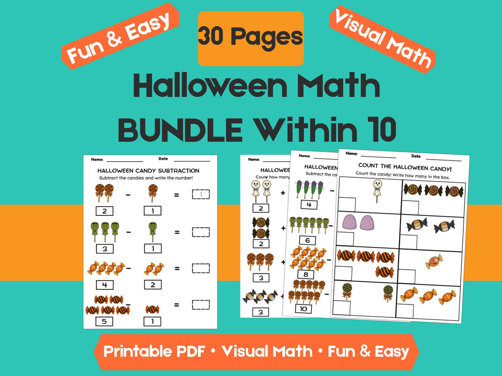 Halloween Math Worksheet Bundle | 30 Pages of Counting, Addition & Subtraction Fun (within 1–10) for Classroom or Homeschool