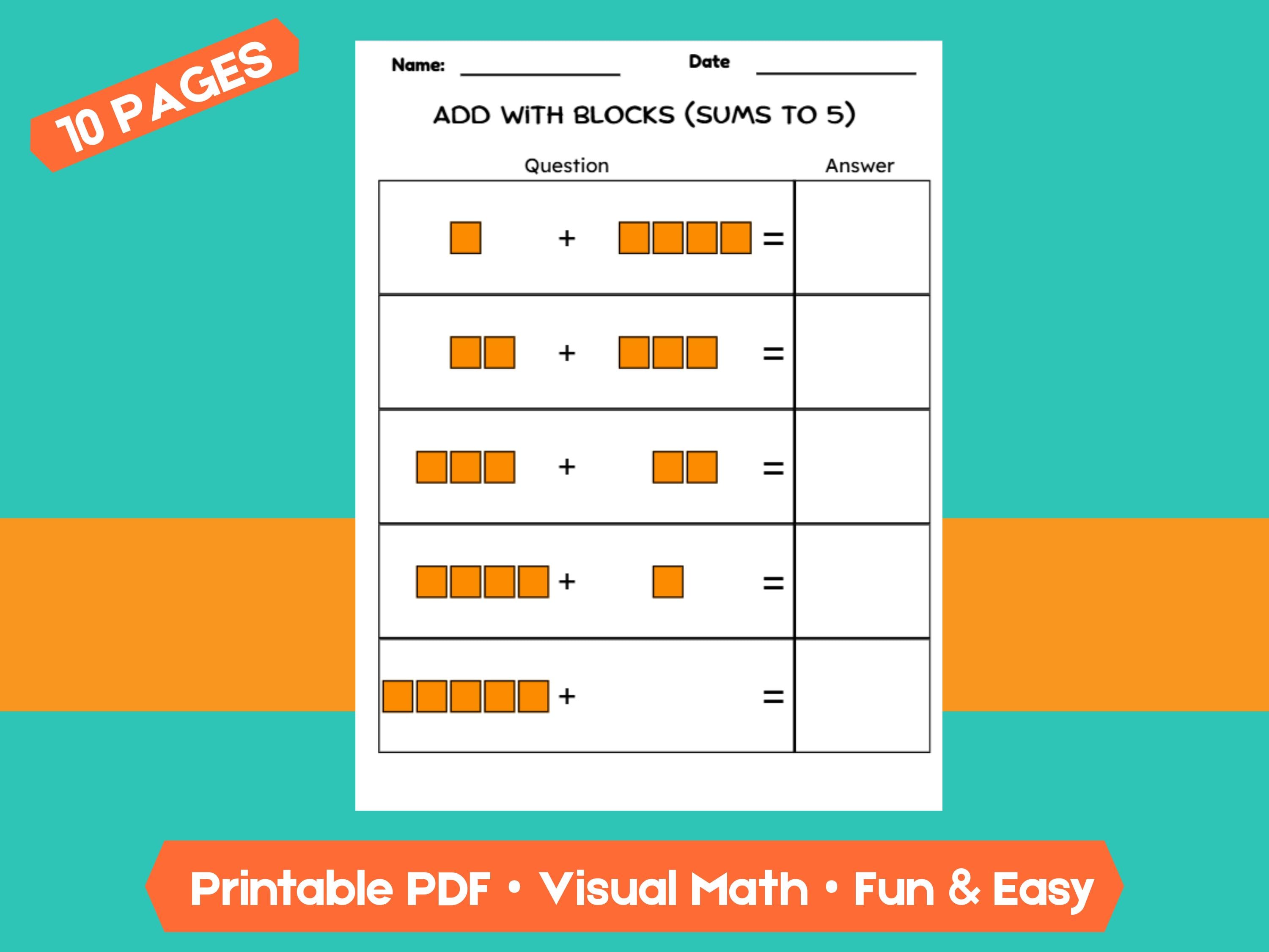 Kindergarten Addition Worksheets | Sums Within 5 | No-Prep Math Printables with Blocks (Draw & Write Practice)