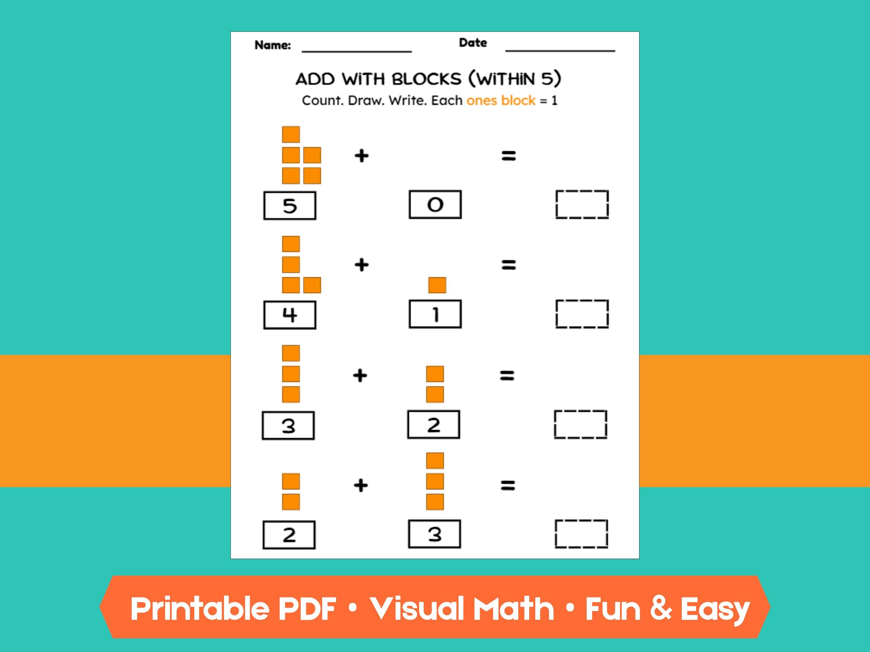 Kindergarten Addition Worksheets | Add Within 5 | No-Prep Math Printables with Blocks (Draw & Write Practice)
