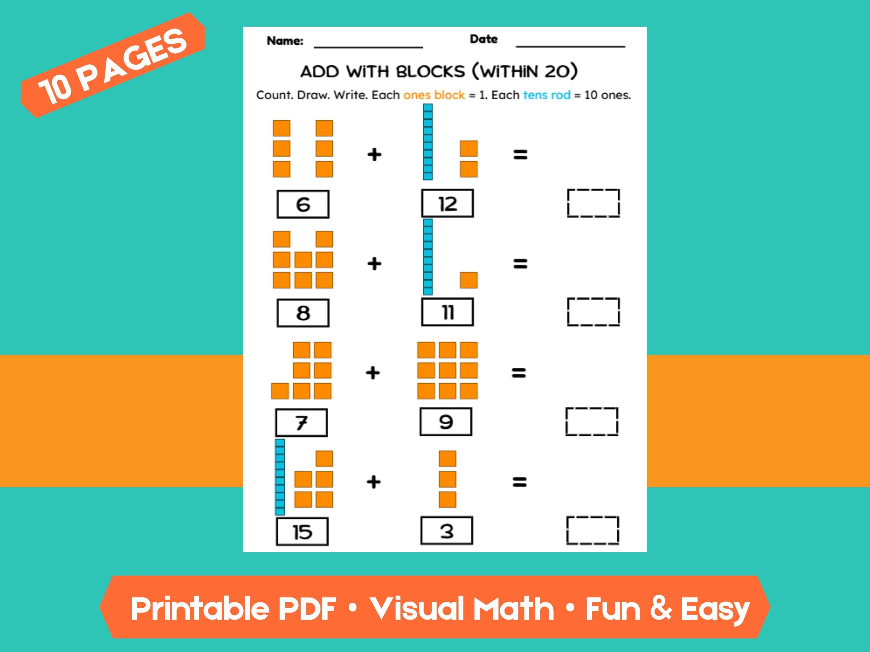 Kindergarten Addition Worksheets | Add Within 20 | No-Prep Math Printables with Blocks (Draw & Write Practice)