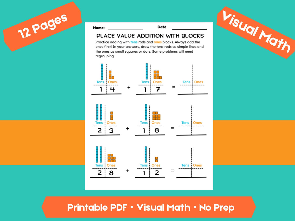 Addition with Place Value Blocks Worksheets | Adding Within 100 | Tens and Ones Regrouping Practice | Printable Math PDF