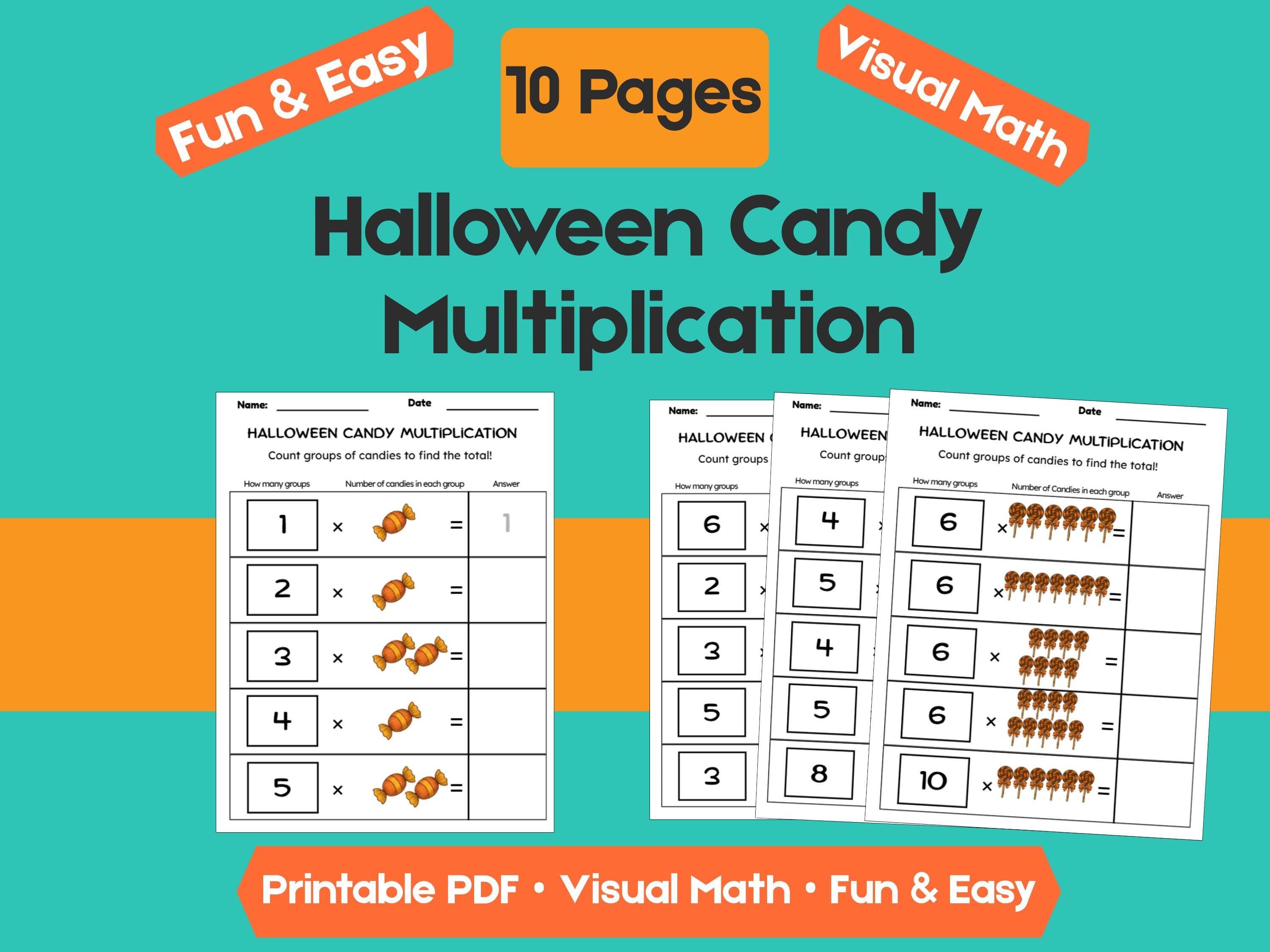 Halloween Candy Multiplication Worksheets | 10 Pages | Fun & Visual Math Practice for Kids