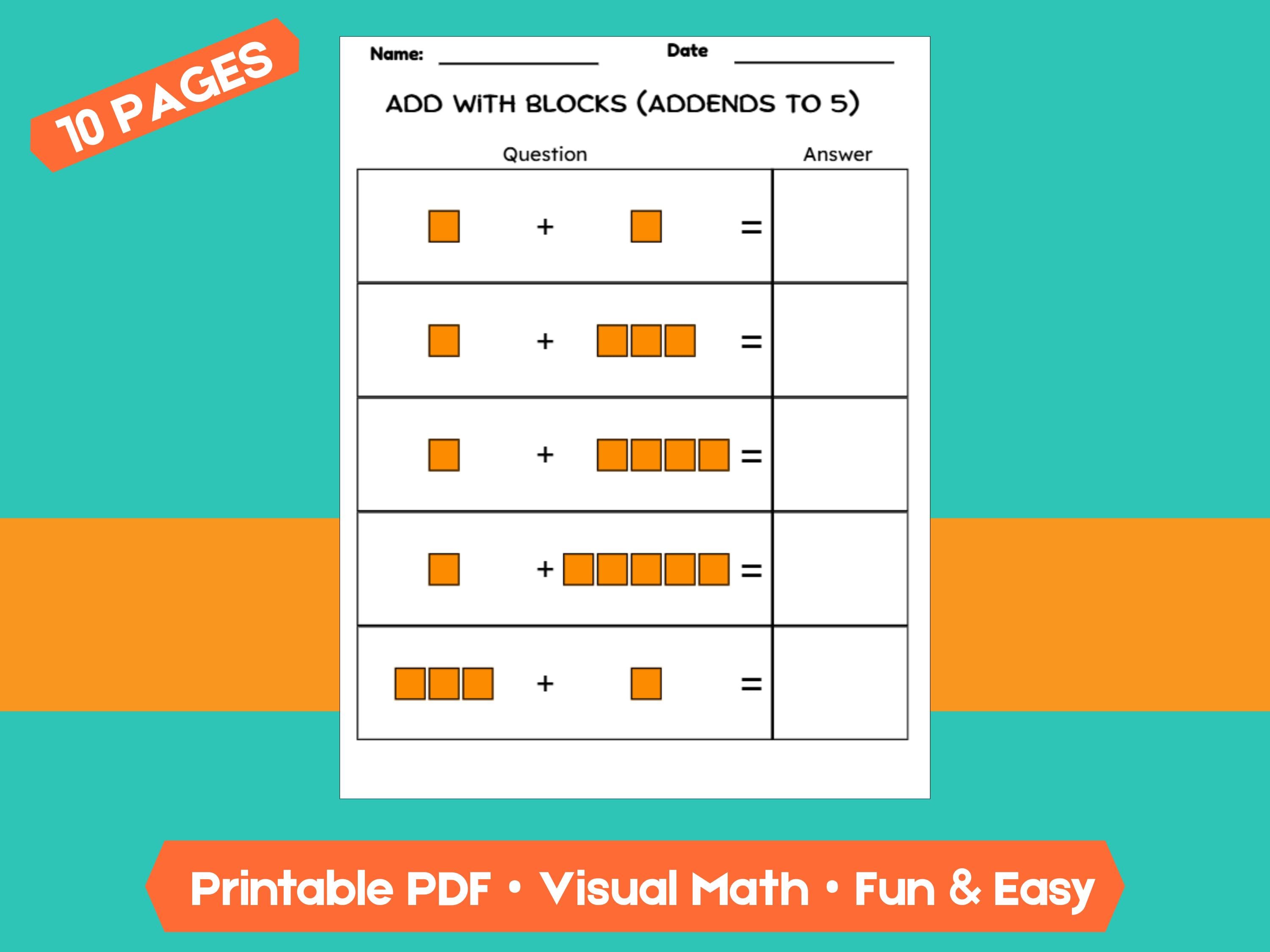 Kindergarten Addition Worksheets | Addends Within 5 | No-Prep Math Printables with Blocks (Draw & Write Practice)