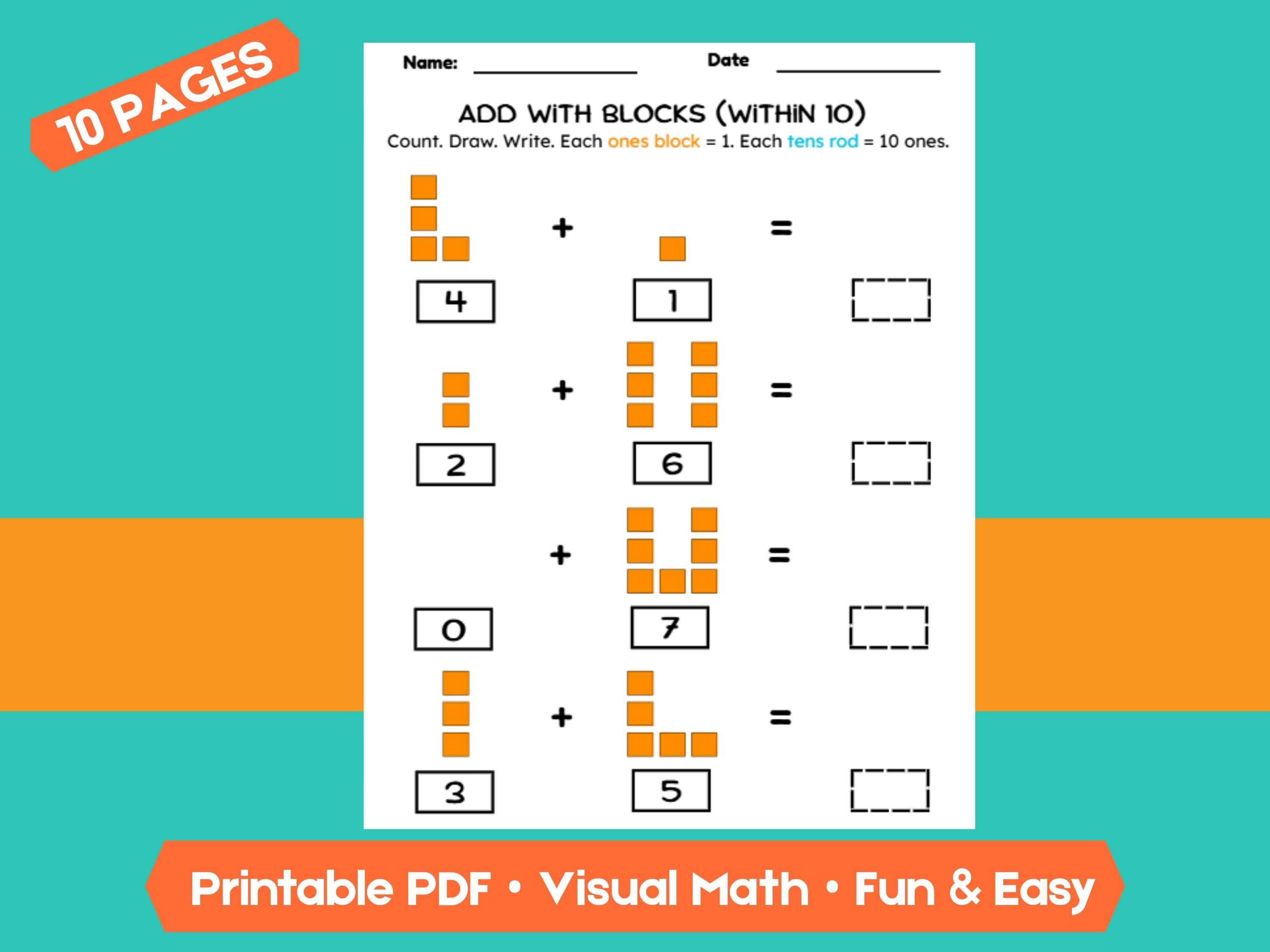 Kindergarten Addition Worksheets | Add Within 10 | No-Prep Math Printables with Blocks (Draw & Write Practice)