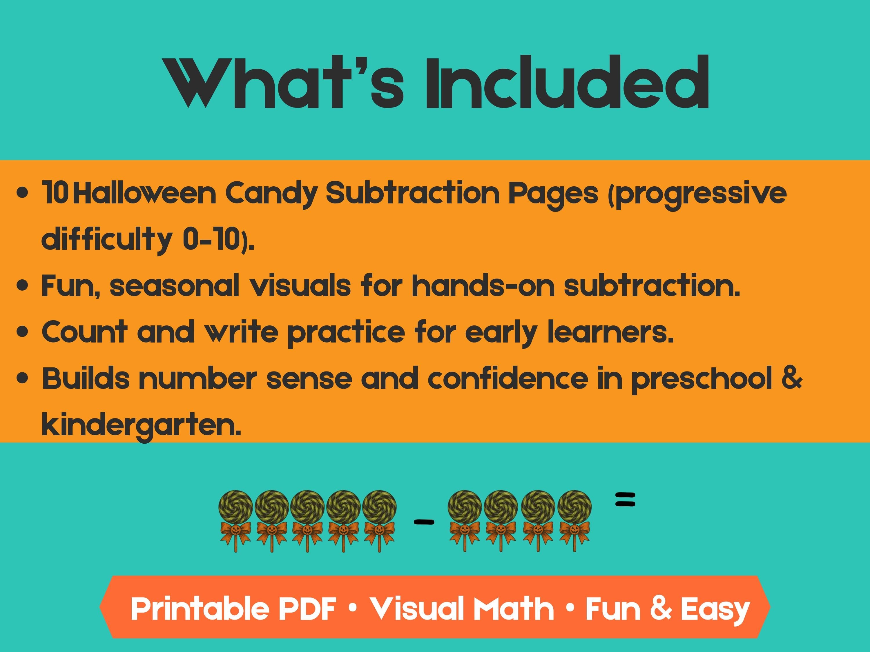 Halloween Candy Subtraction Worksheets (1–10) | Preschool & Kindergarten Math, Count and Write