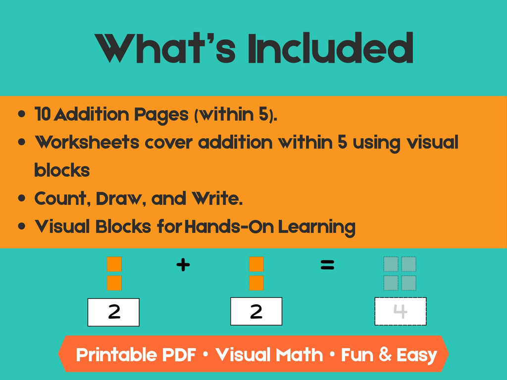 Kindergarten Addition Worksheets | Add Within 5 | No-Prep Math Printables with Blocks (Draw & Write Practice)