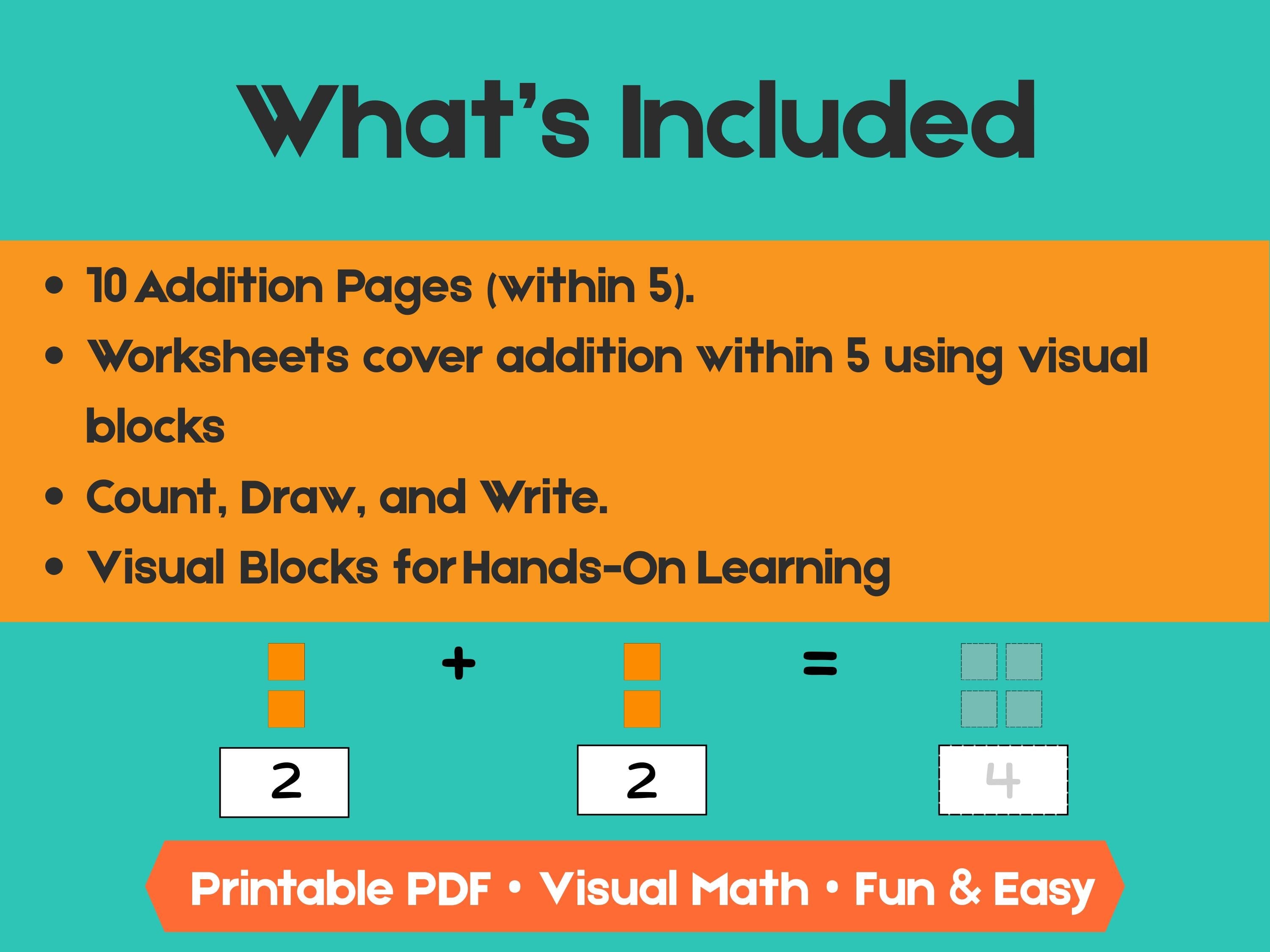 Kindergarten Addition Worksheets | Add Within 5 | No-Prep Math Printables with Blocks (Draw & Write Practice)