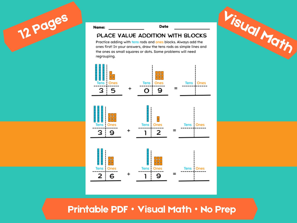 Addition with Place Value Blocks Worksheets | Adding Within 100 | Tens and Ones Regrouping Practice | Printable Math PDF