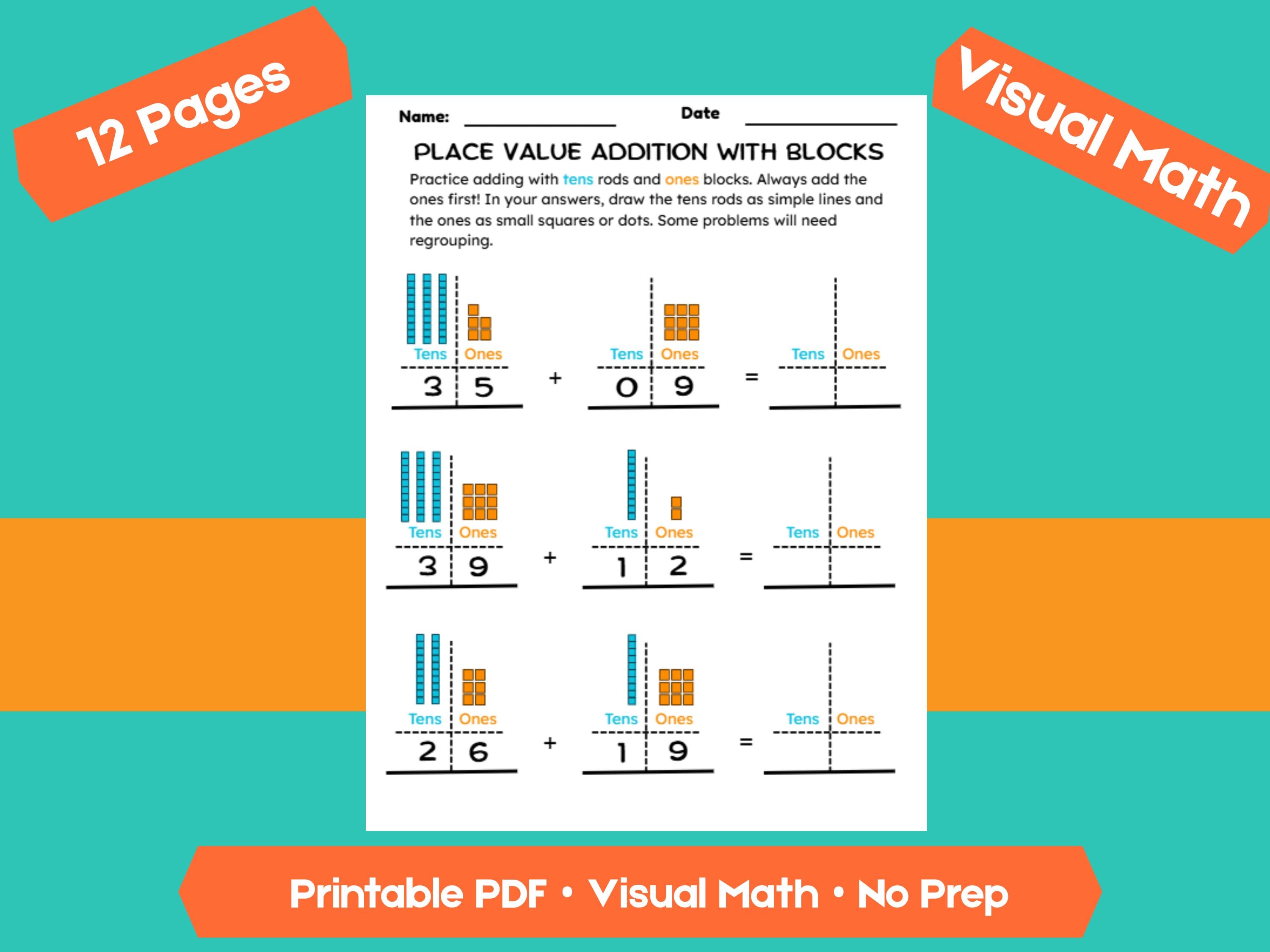 Addition with Place Value Blocks Worksheets | Adding Within 100 | Tens and Ones Regrouping Practice | Printable Math PDF