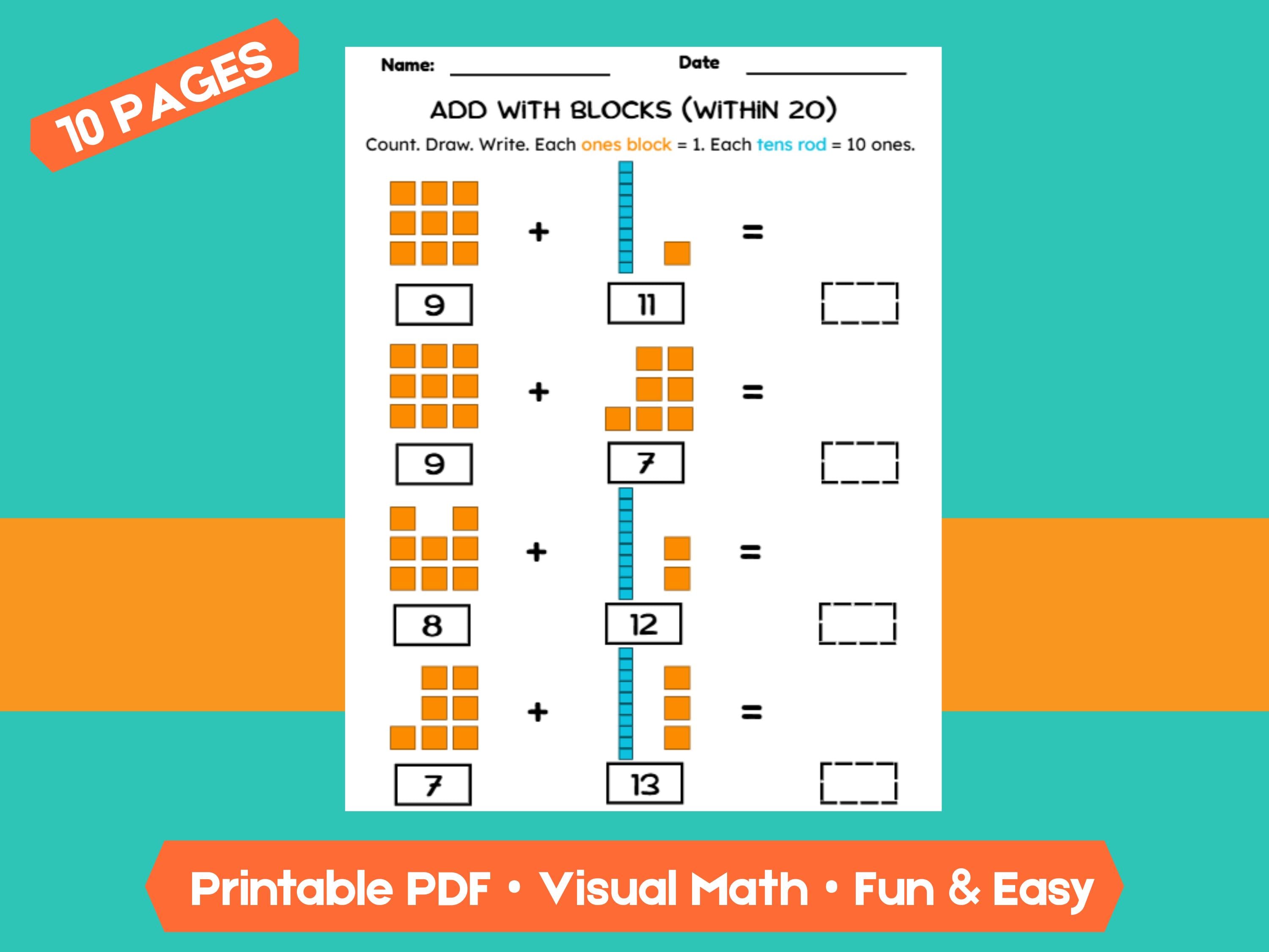 Kindergarten Addition Worksheets | Add Within 20 | No-Prep Math Printables with Blocks (Draw & Write Practice)