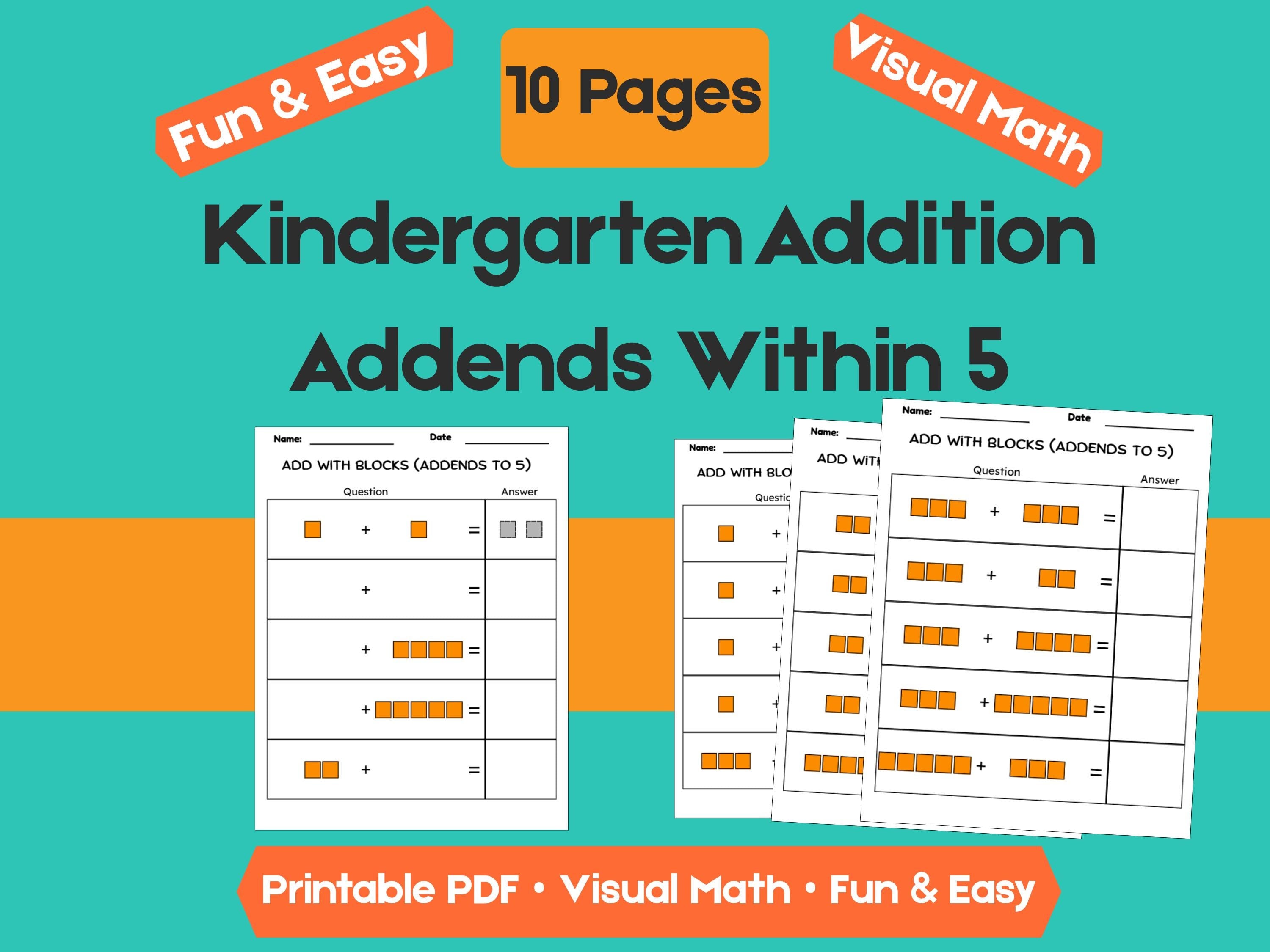Kindergarten Addition Worksheets | Addends Within 5 | No-Prep Math Printables with Blocks (Draw & Write Practice)