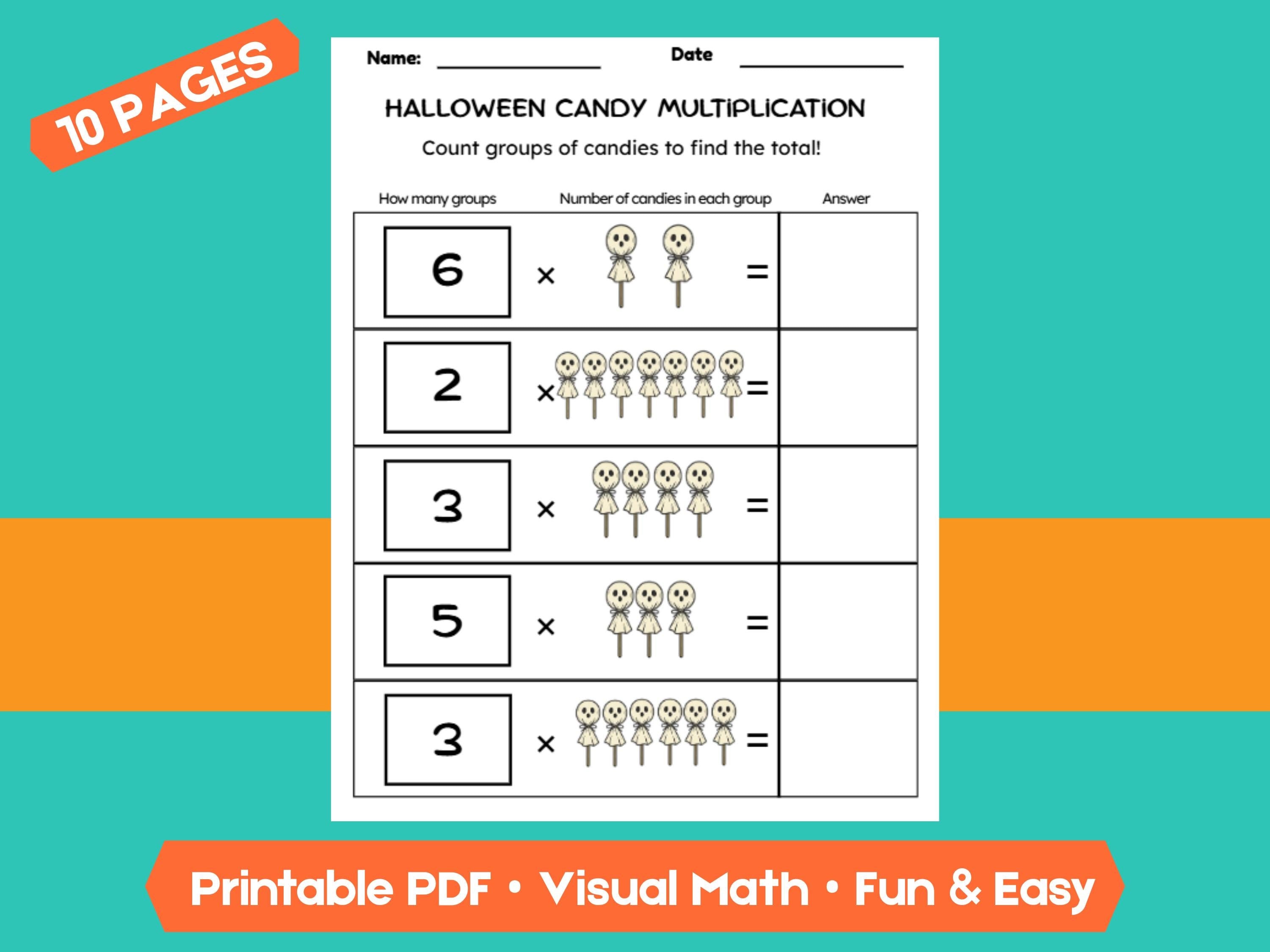 Halloween Candy Multiplication Worksheets | 10 Pages | Fun & Visual Math Practice for Kids