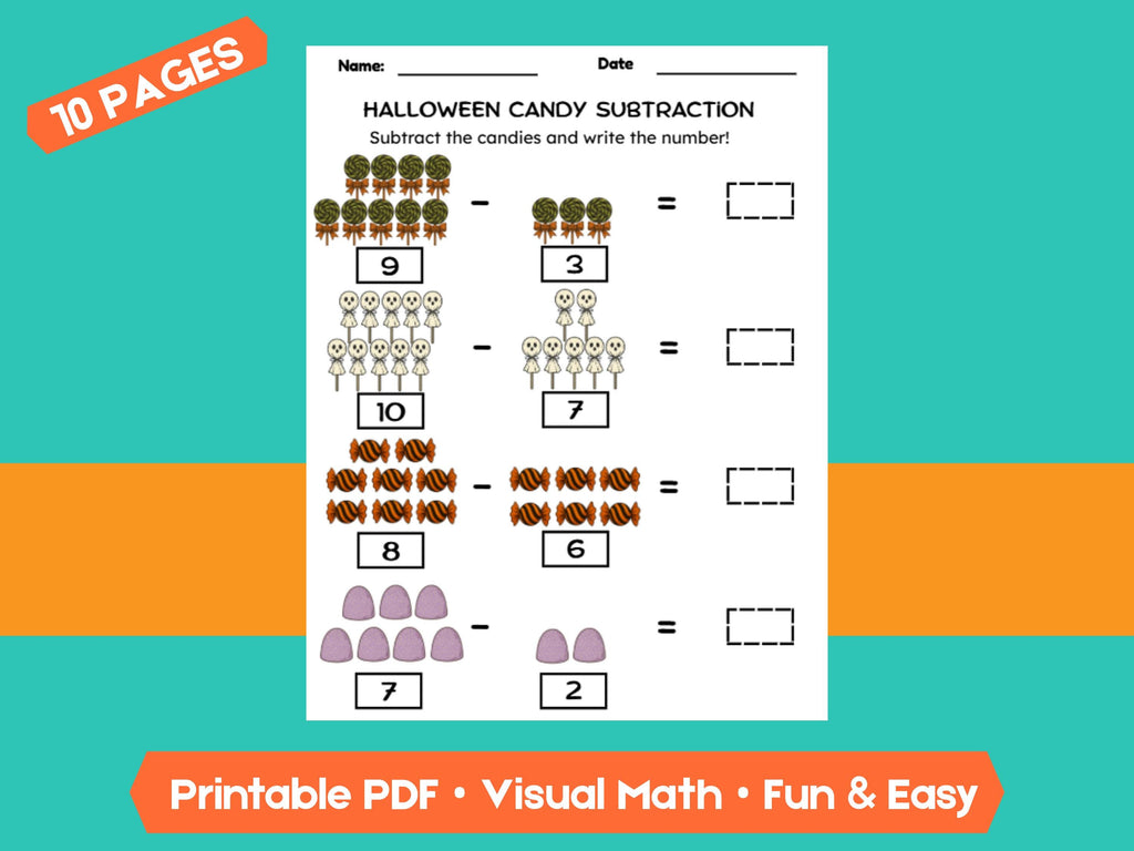 Halloween Candy Subtraction Worksheets (1–10) | Preschool & Kindergarten Math, Count and Write