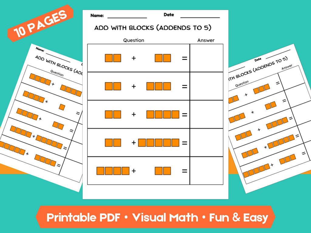 Kindergarten Addition Worksheets | Addends Within 5 | No-Prep Math Printables with Blocks (Draw & Write Practice)