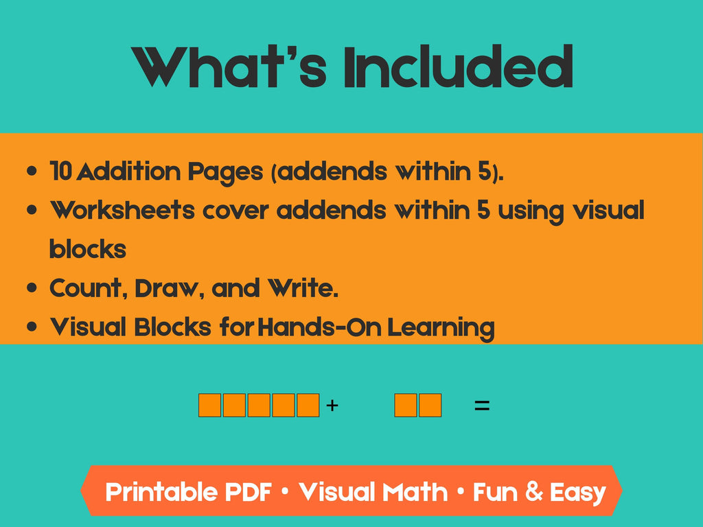 Kindergarten Addition Worksheets | Addends Within 5 | No-Prep Math Printables with Blocks (Draw & Write Practice)