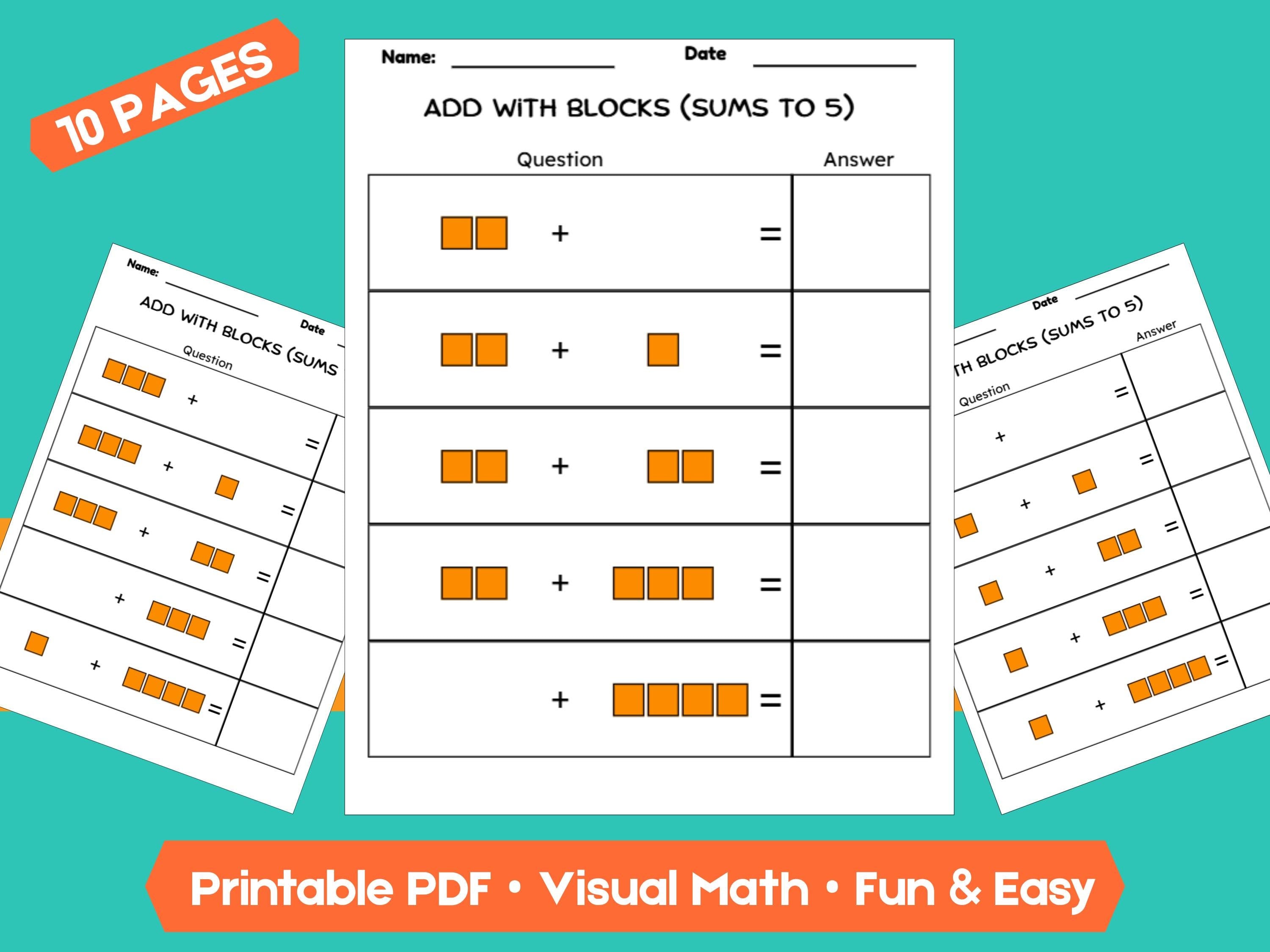 Kindergarten Addition Worksheets | Sums Within 5 | No-Prep Math Printables with Blocks (Draw & Write Practice)