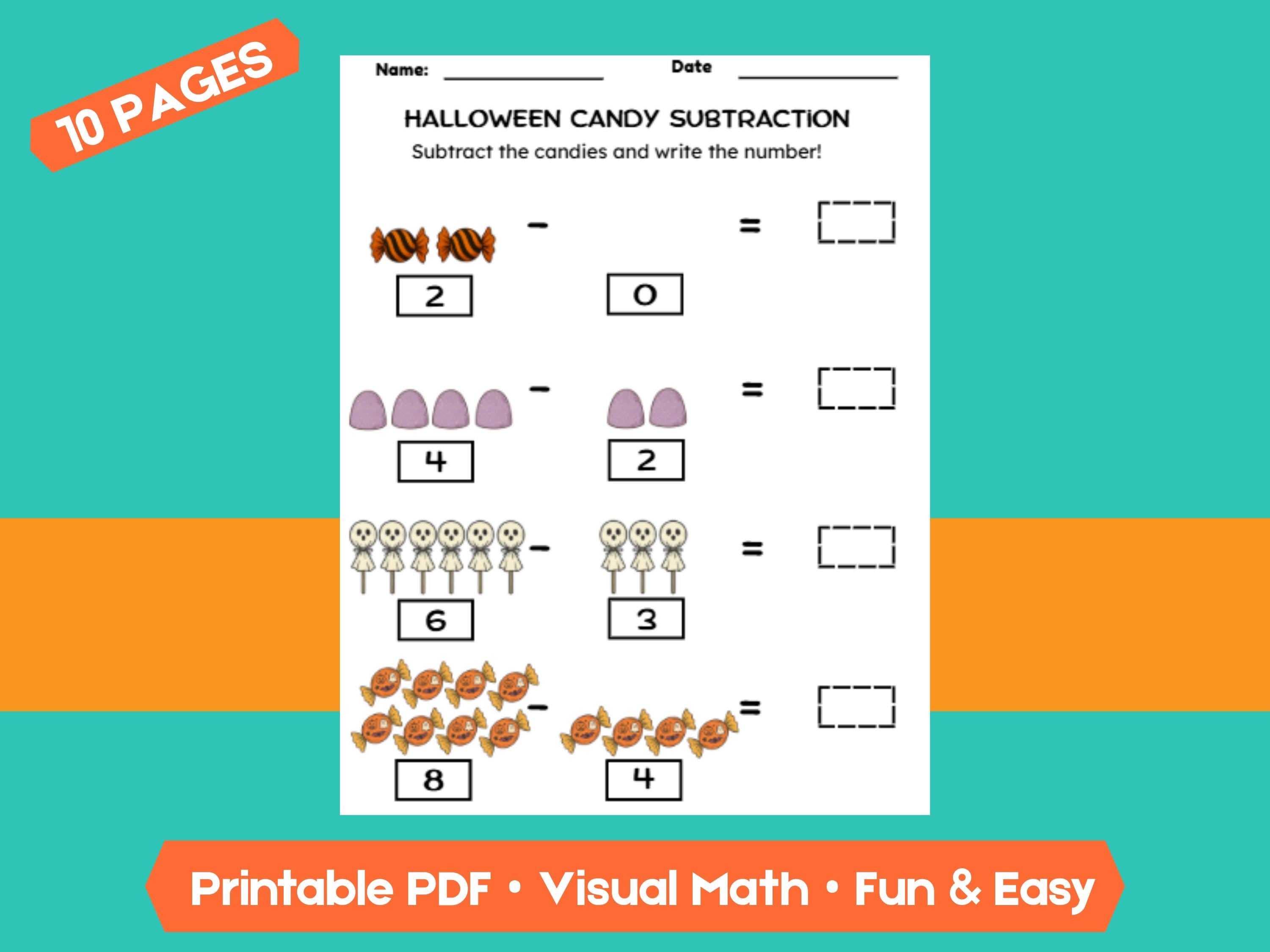 Halloween Candy Subtraction Worksheets (1–10) | Preschool & Kindergarten Math, Count and Write