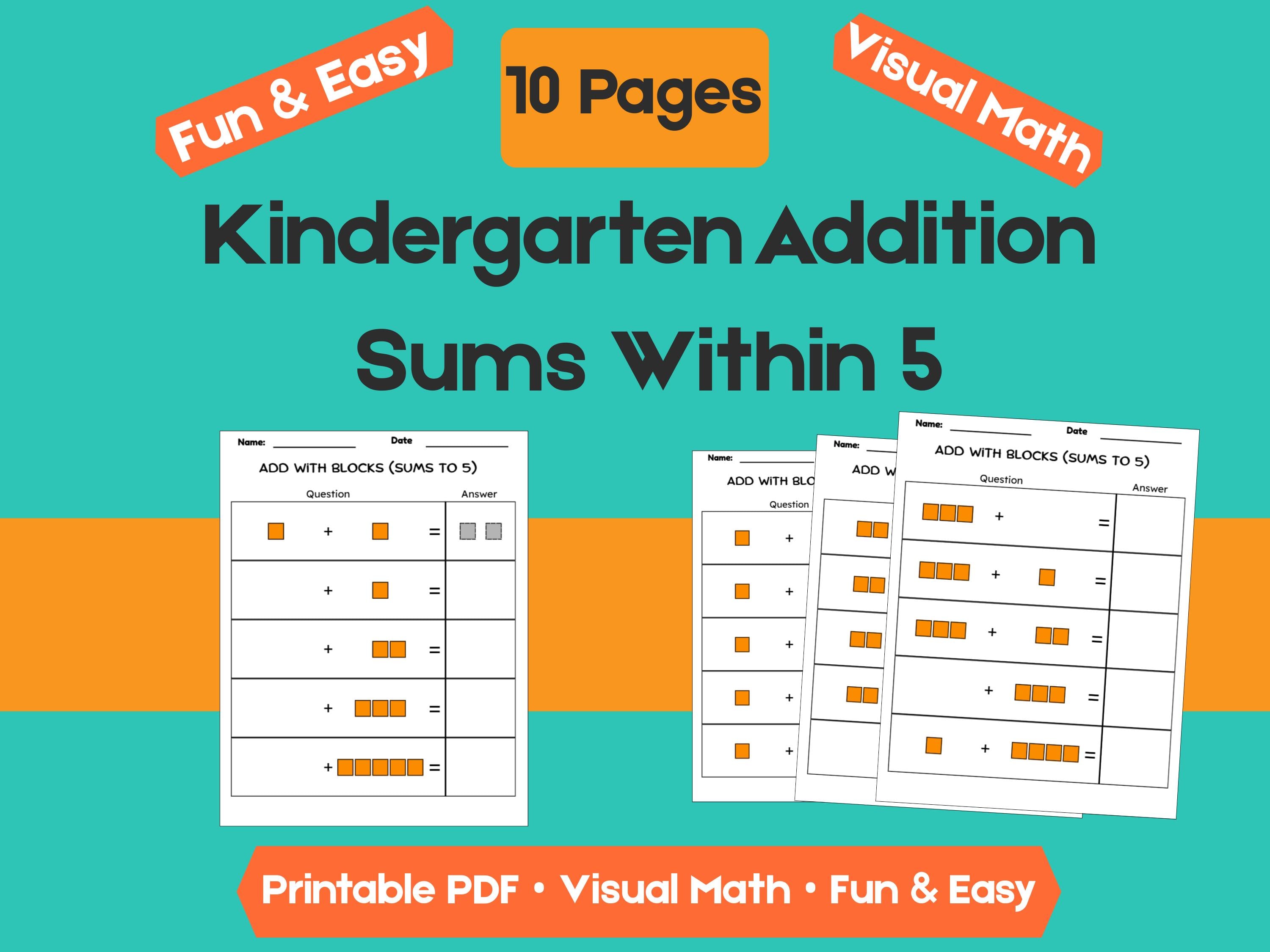 Kindergarten Addition Worksheets | Sums Within 5 | No-Prep Math Printables with Blocks (Draw & Write Practice)