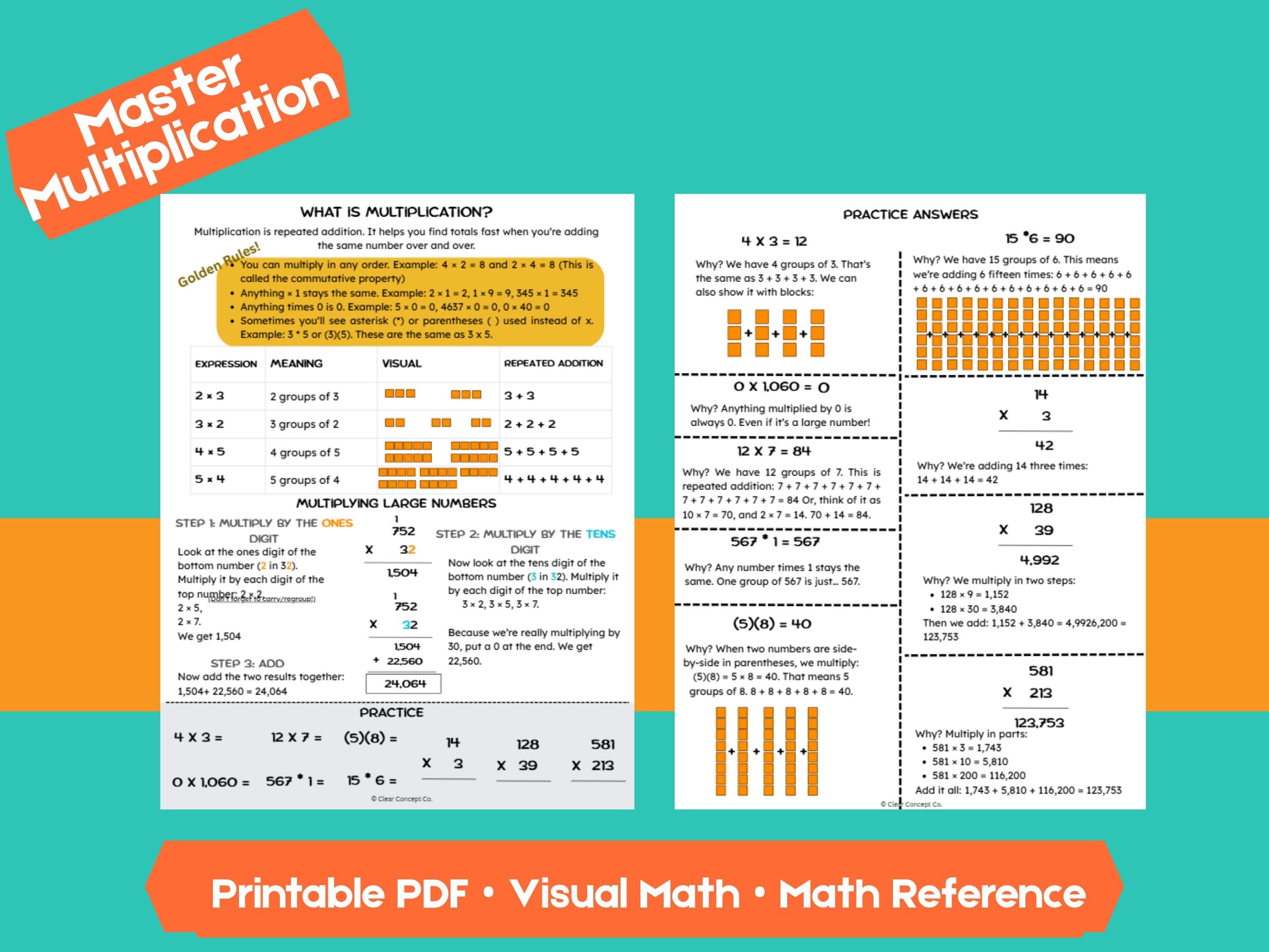 Multiplication Cheat Sheet | Visual Math Reference with Practice + Answer Key (Grades 2–5)