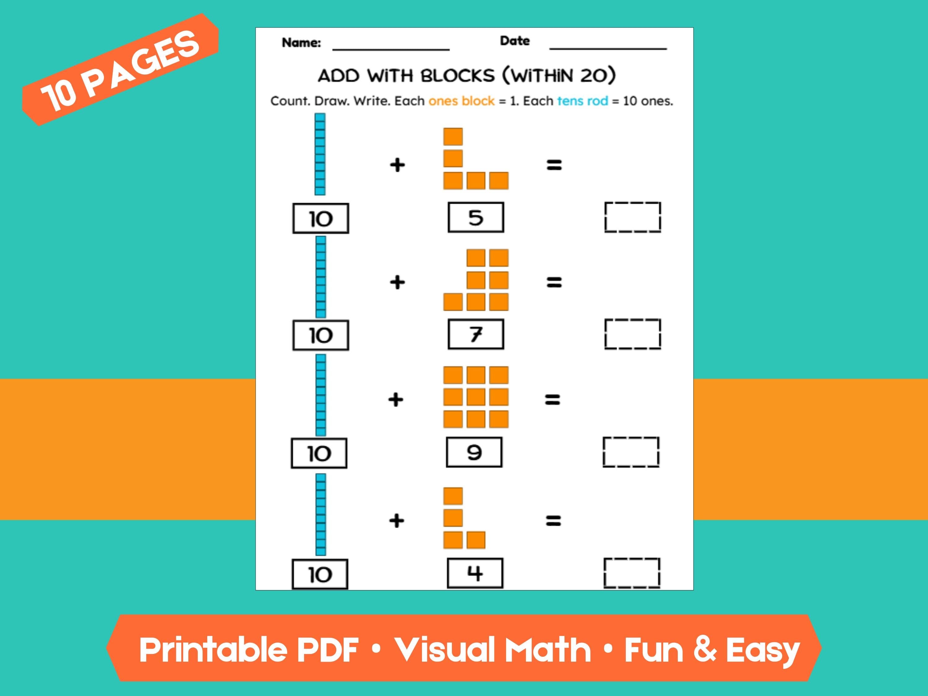 Kindergarten Addition Worksheets | Add Within 20 | No-Prep Math Printables with Blocks (Draw & Write Practice)