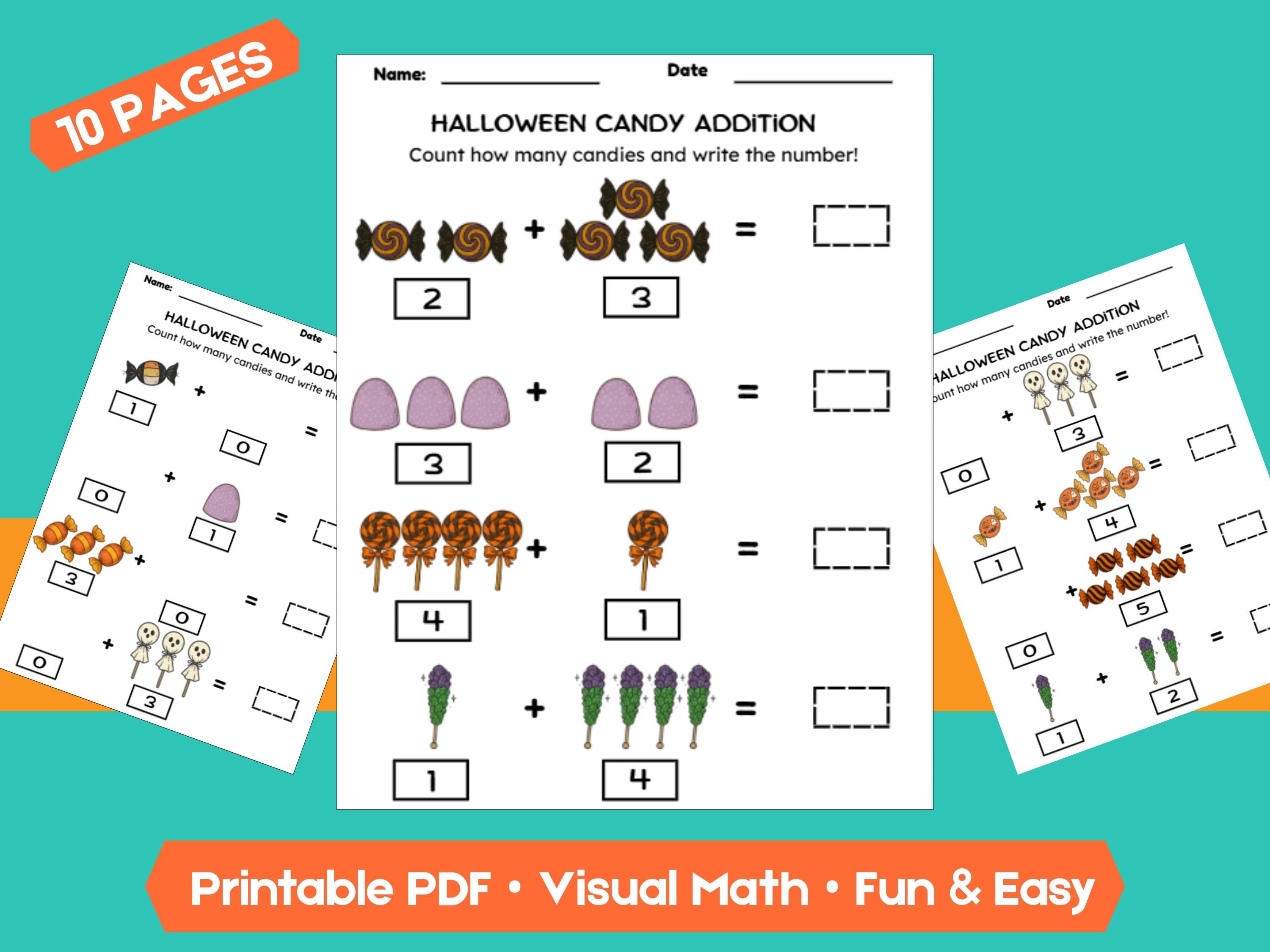 Halloween Candy Addition Worksheets (1–10) | Preschool & Kindergarten Math, Count and Write