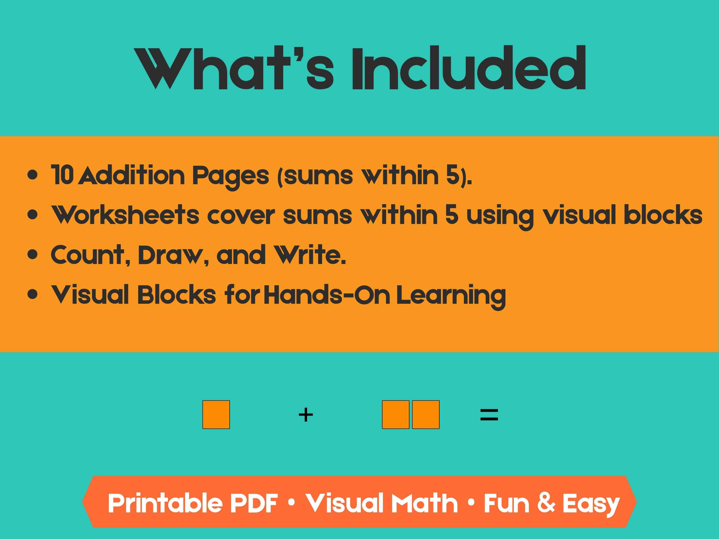 Kindergarten Addition Worksheets | Sums Within 5 | No-Prep Math Printables with Blocks (Draw & Write Practice)
