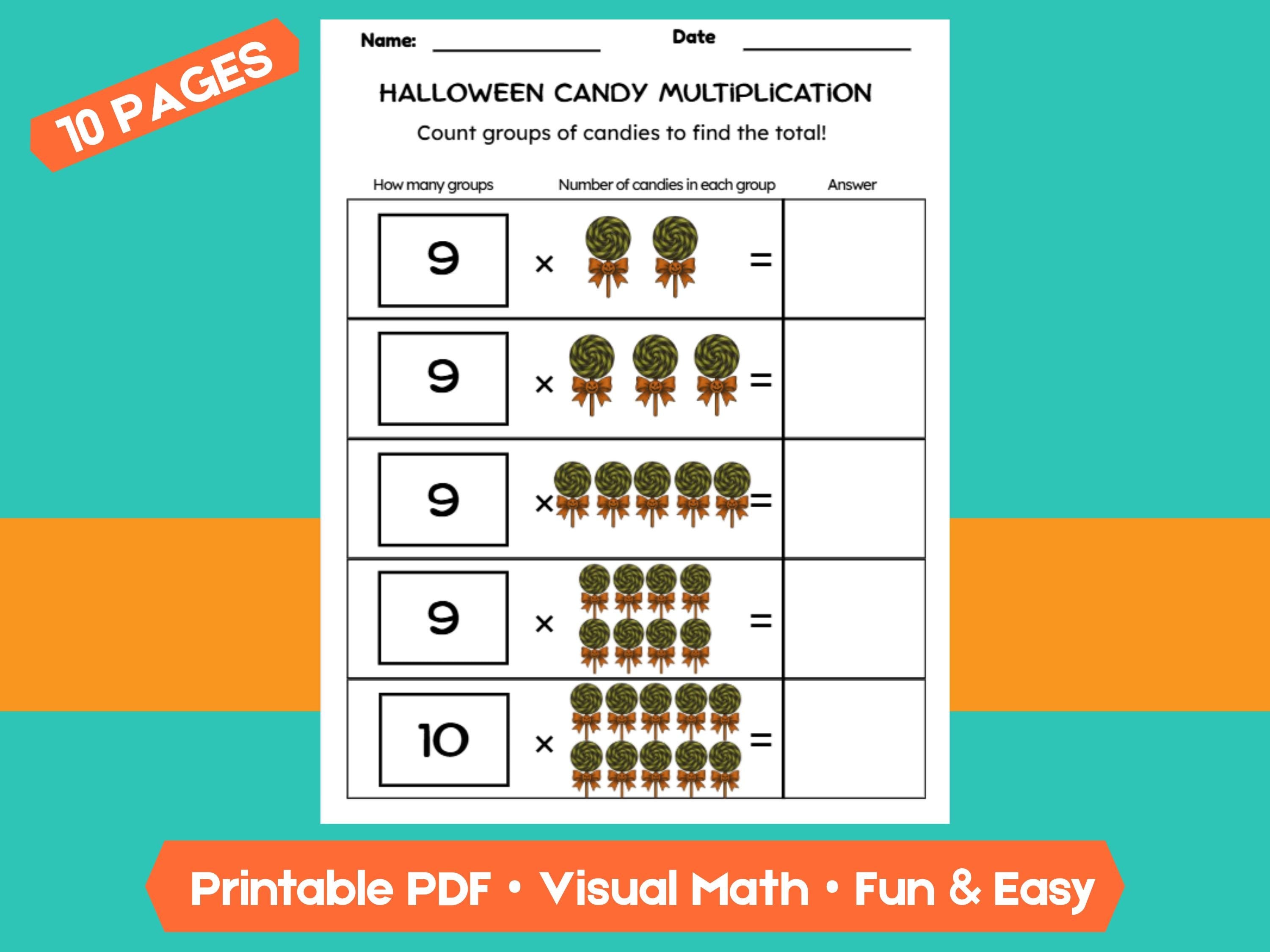 Halloween Candy Multiplication Worksheets | 10 Pages | Fun & Visual Math Practice for Kids
