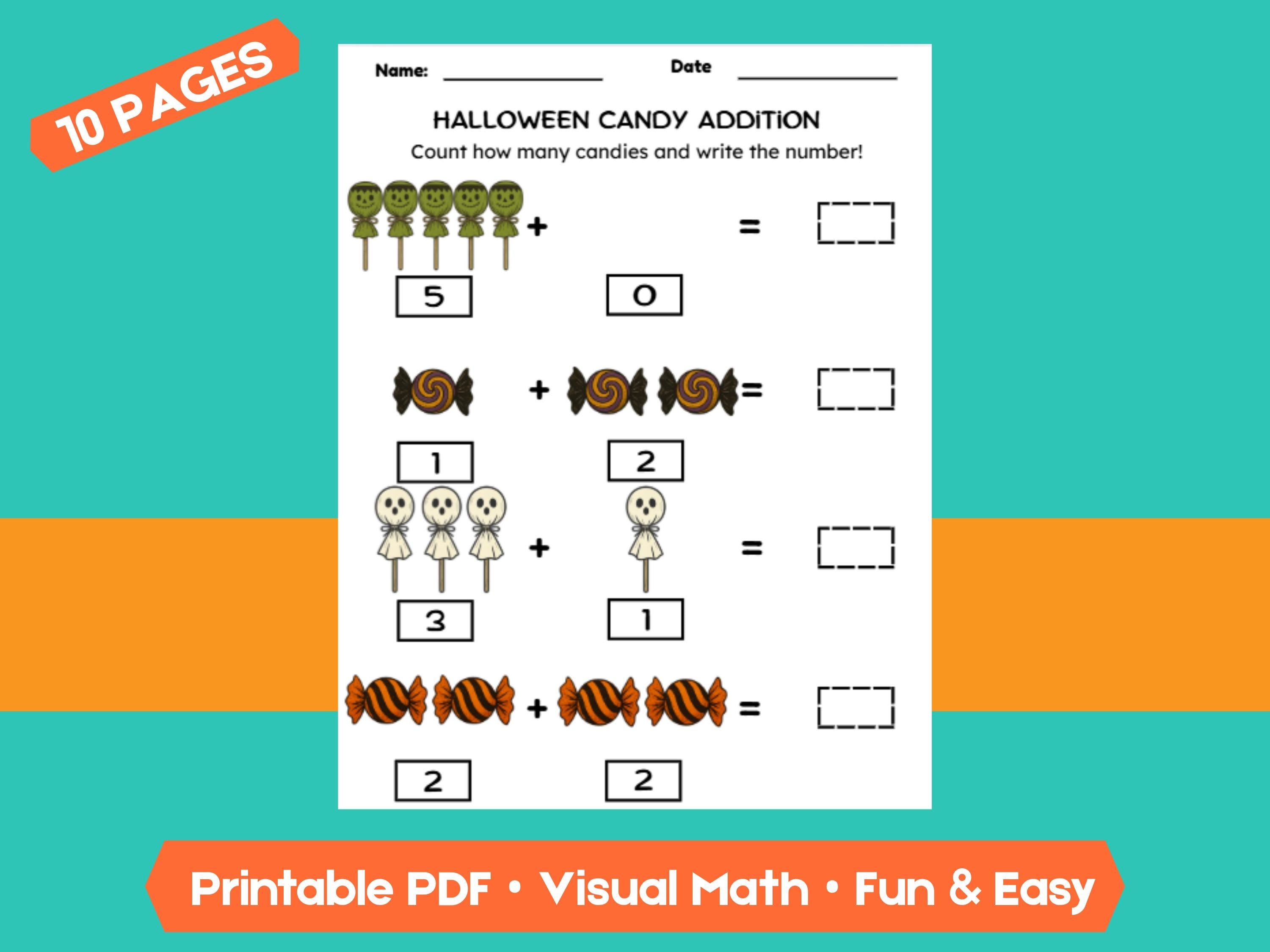 Halloween Candy Addition Worksheets (1–10) | Preschool & Kindergarten Math, Count and Write