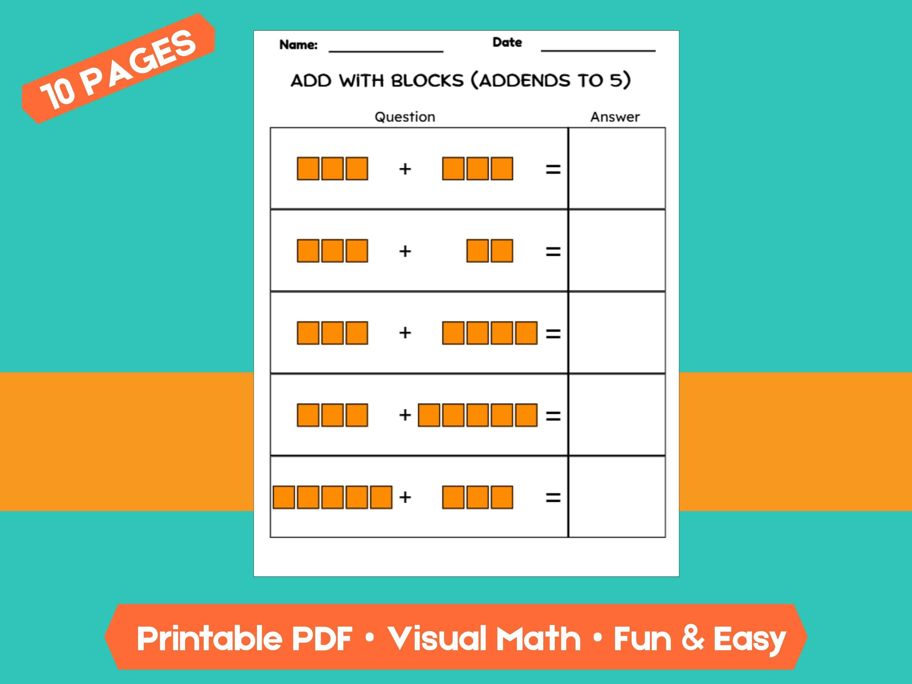 Kindergarten Addition Worksheets | Addends Within 5 | No-Prep Math Printables with Blocks (Draw & Write Practice)