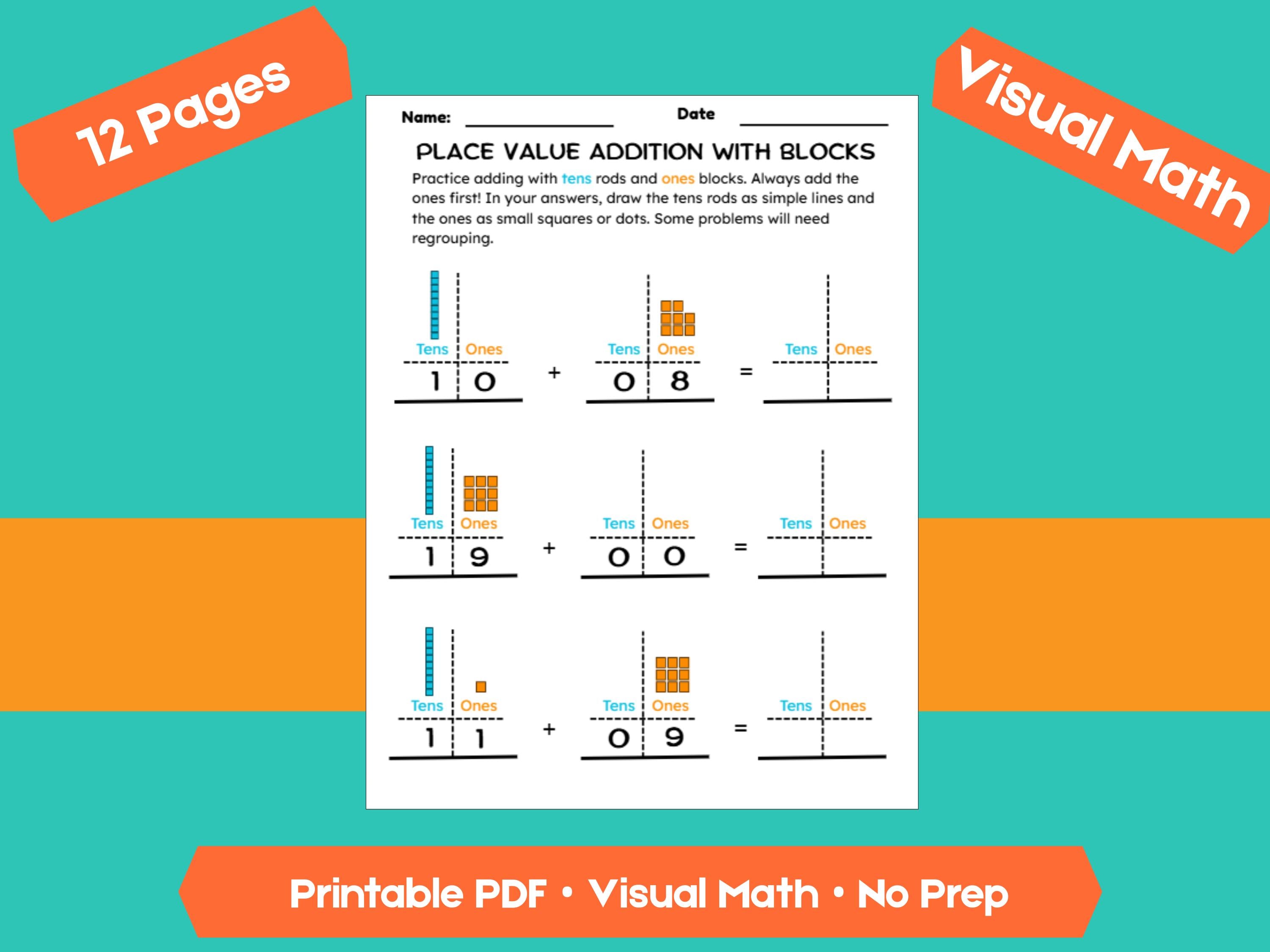 Addition with Place Value Blocks Worksheets | Adding Within 100 | Tens and Ones Regrouping Practice | Printable Math PDF