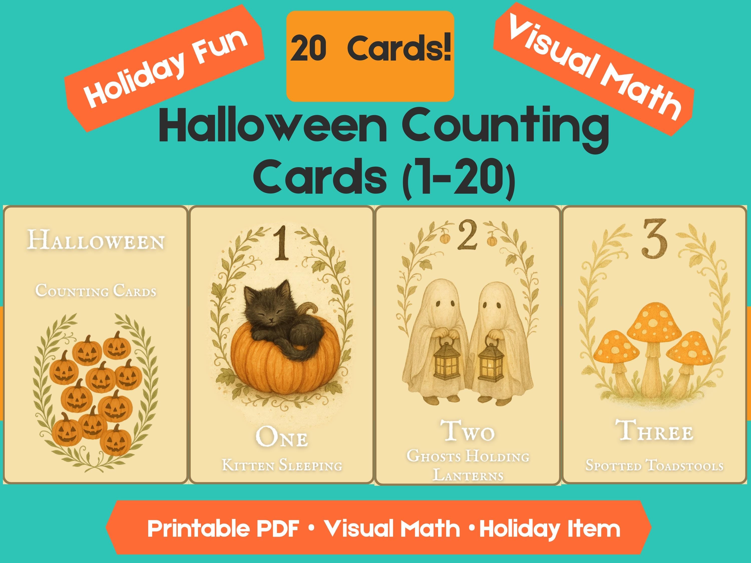 Halloween Counting Cards 1-20: Fall Math Flashcards (PDF Downloadable