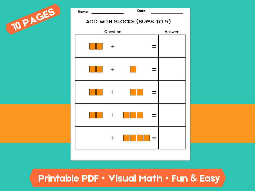 Kindergarten Addition Worksheets | Sums Within 5 | No-Prep Math Printables with Blocks (Draw & Write Practice)