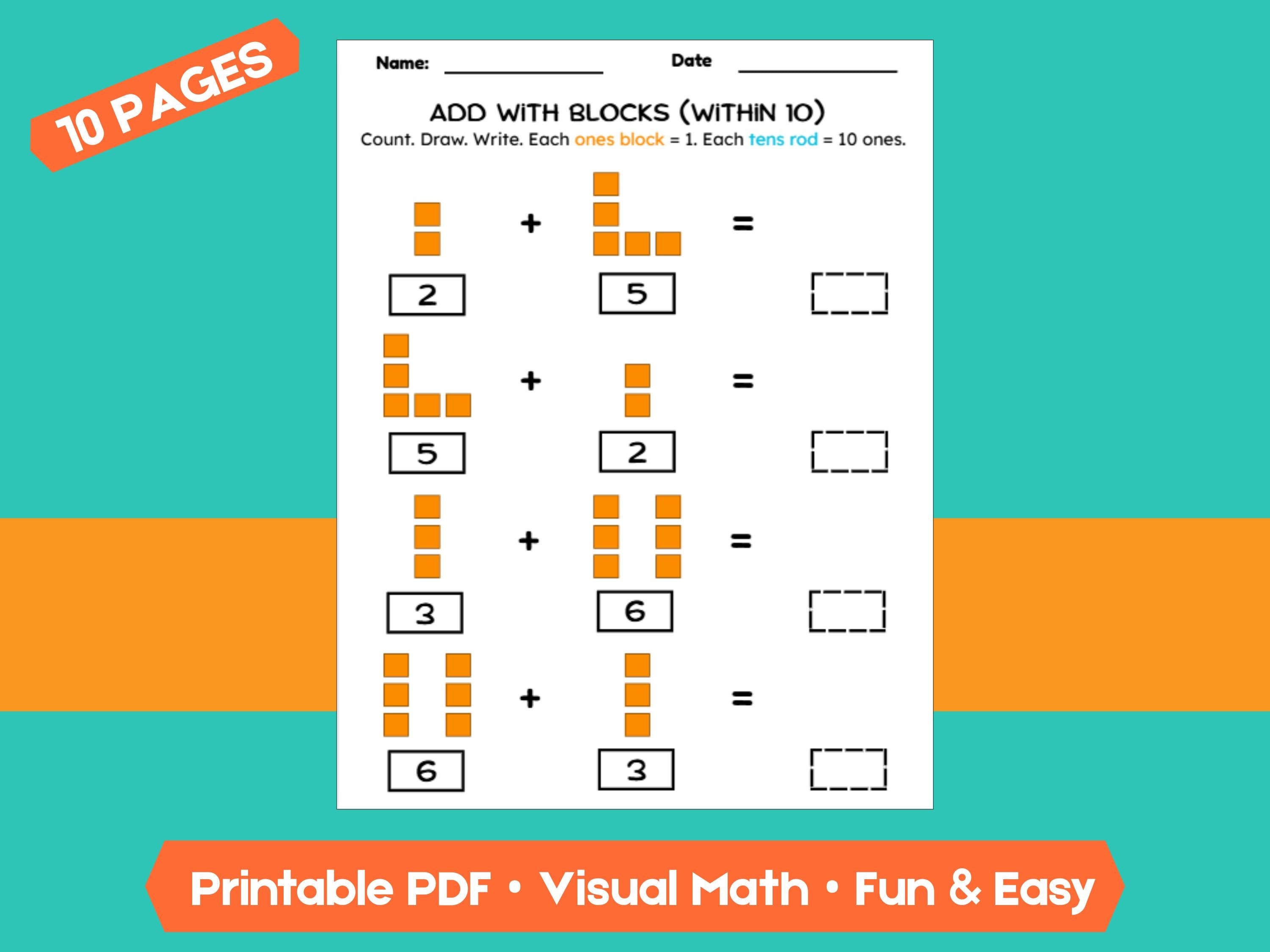 Kindergarten Addition Worksheets | Add Within 10 | No-Prep Math Printables with Blocks (Draw & Write Practice)