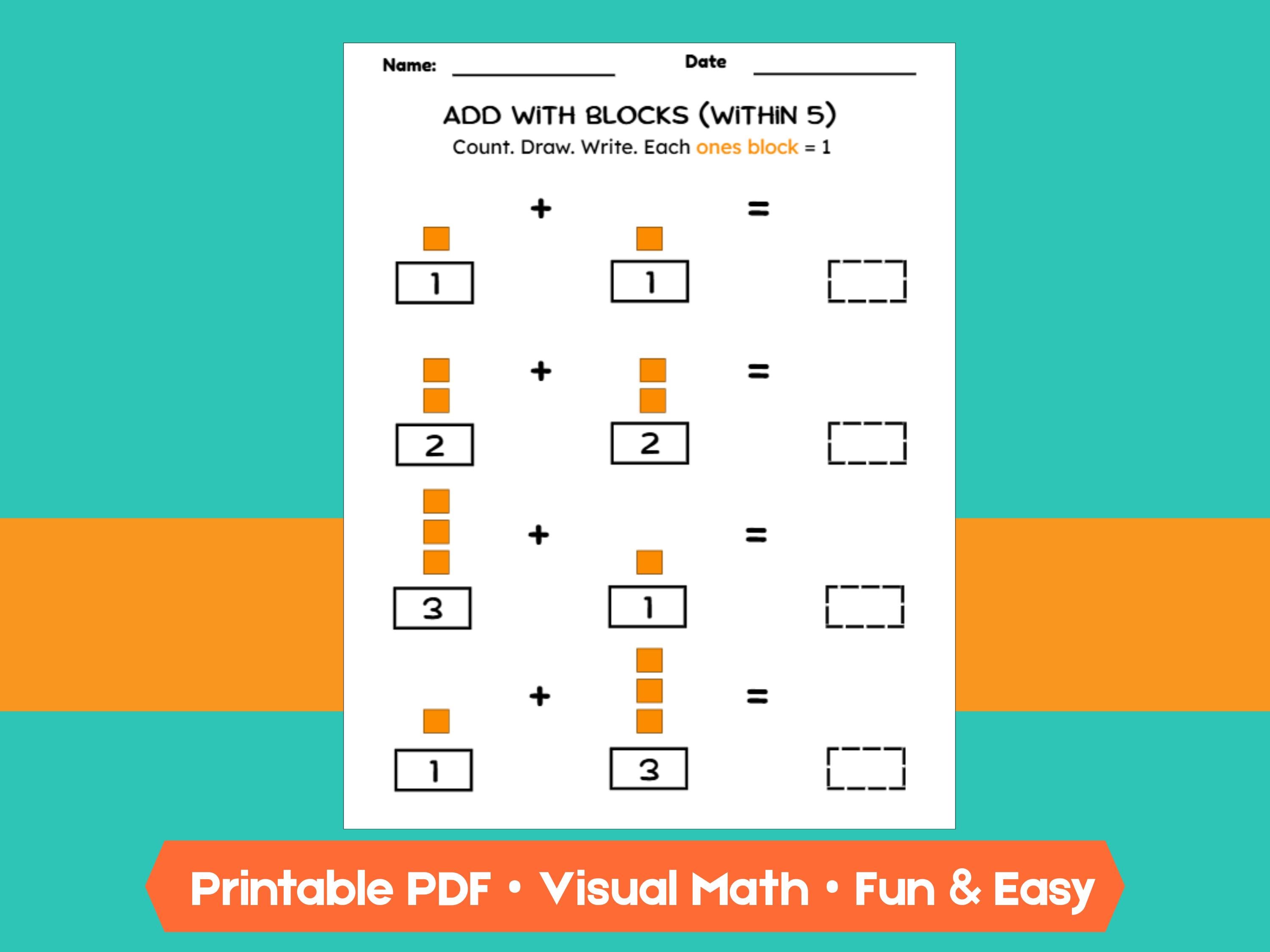 Kindergarten Addition Worksheets | Add Within 5 | No-Prep Math Printables with Blocks (Draw & Write Practice)