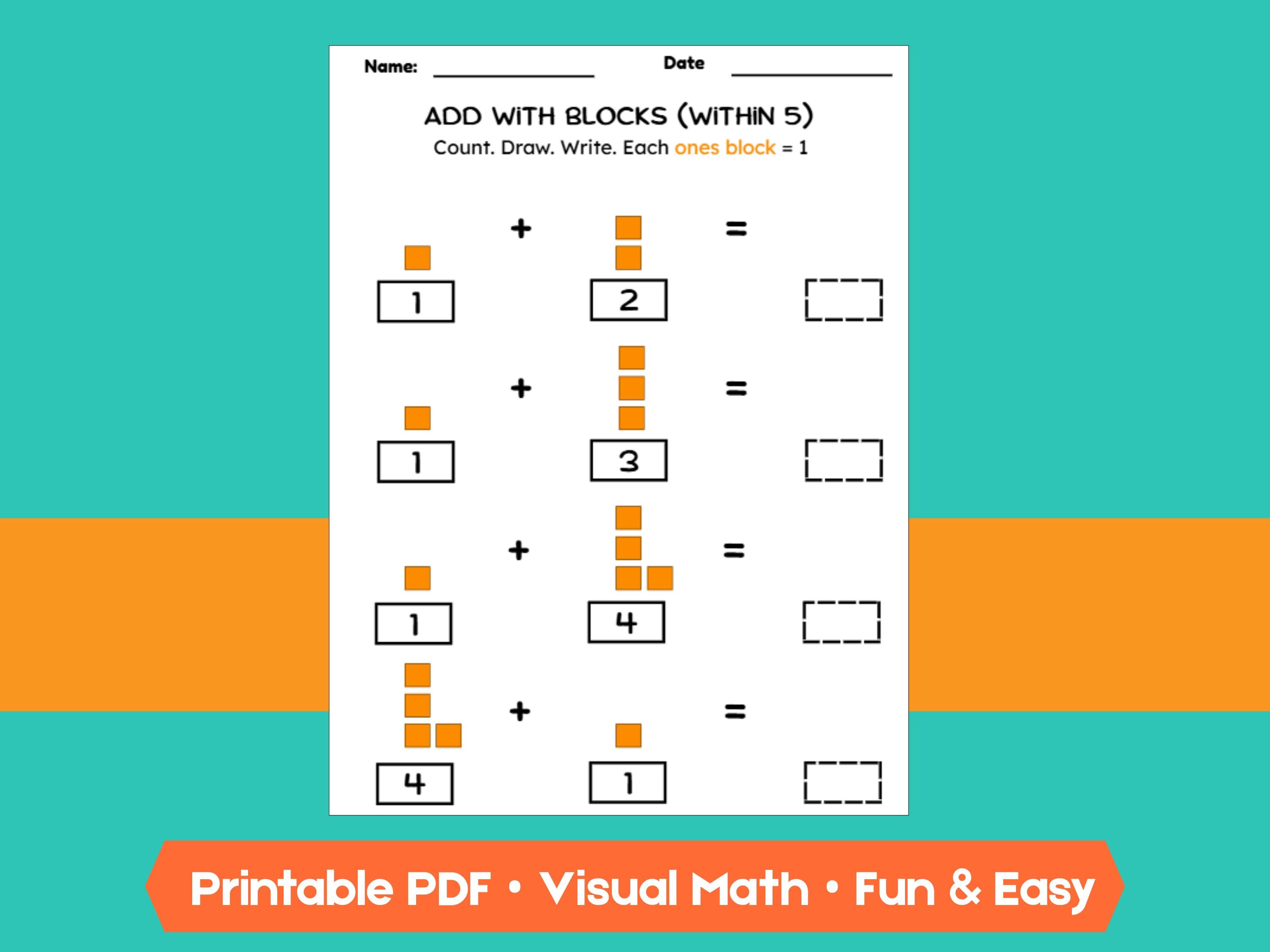 Kindergarten Addition Worksheets | Add Within 5 | No-Prep Math Printables with Blocks (Draw & Write Practice)