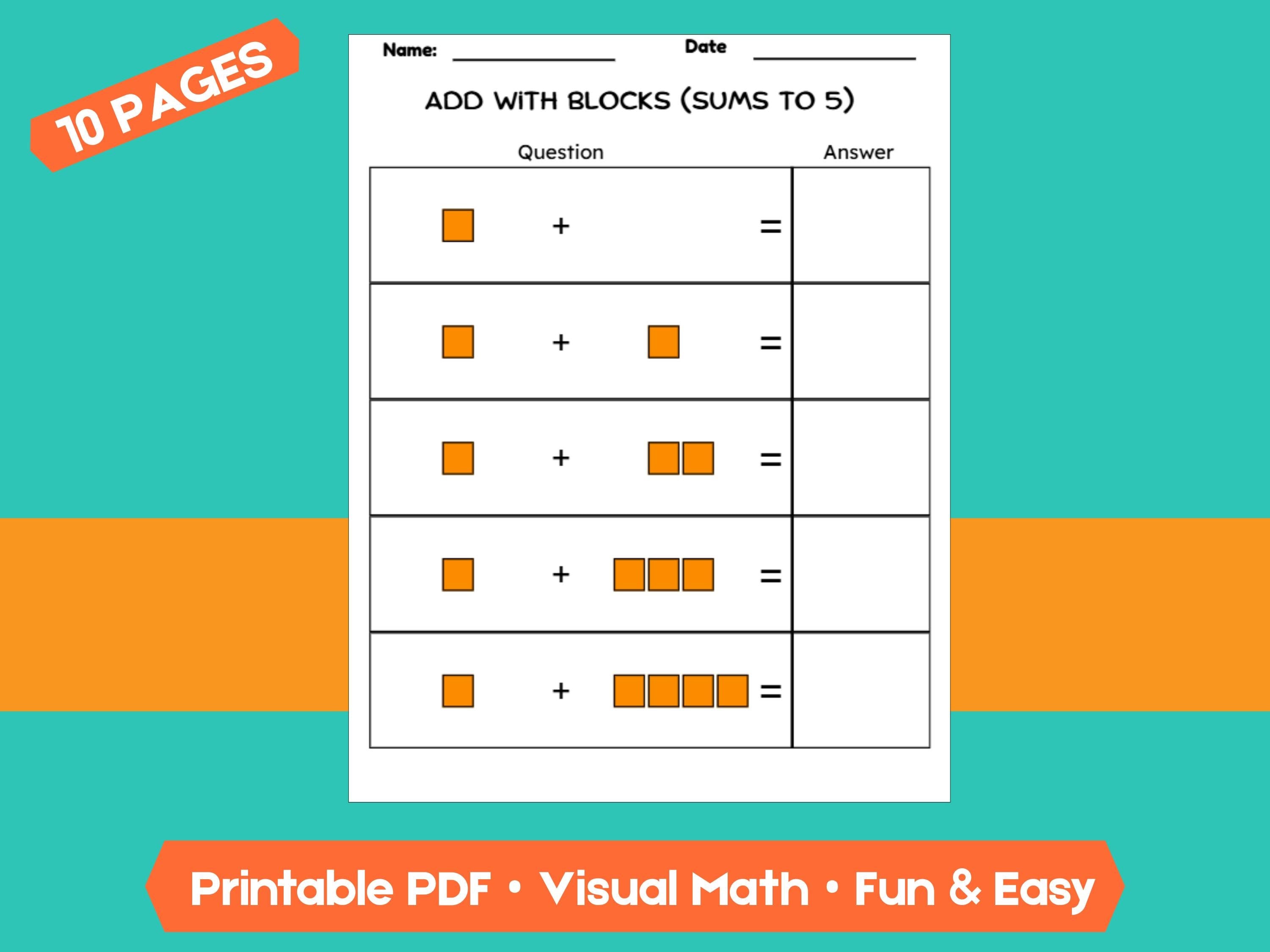 Kindergarten Addition Worksheets | Sums Within 5 | No-Prep Math Printables with Blocks (Draw & Write Practice)