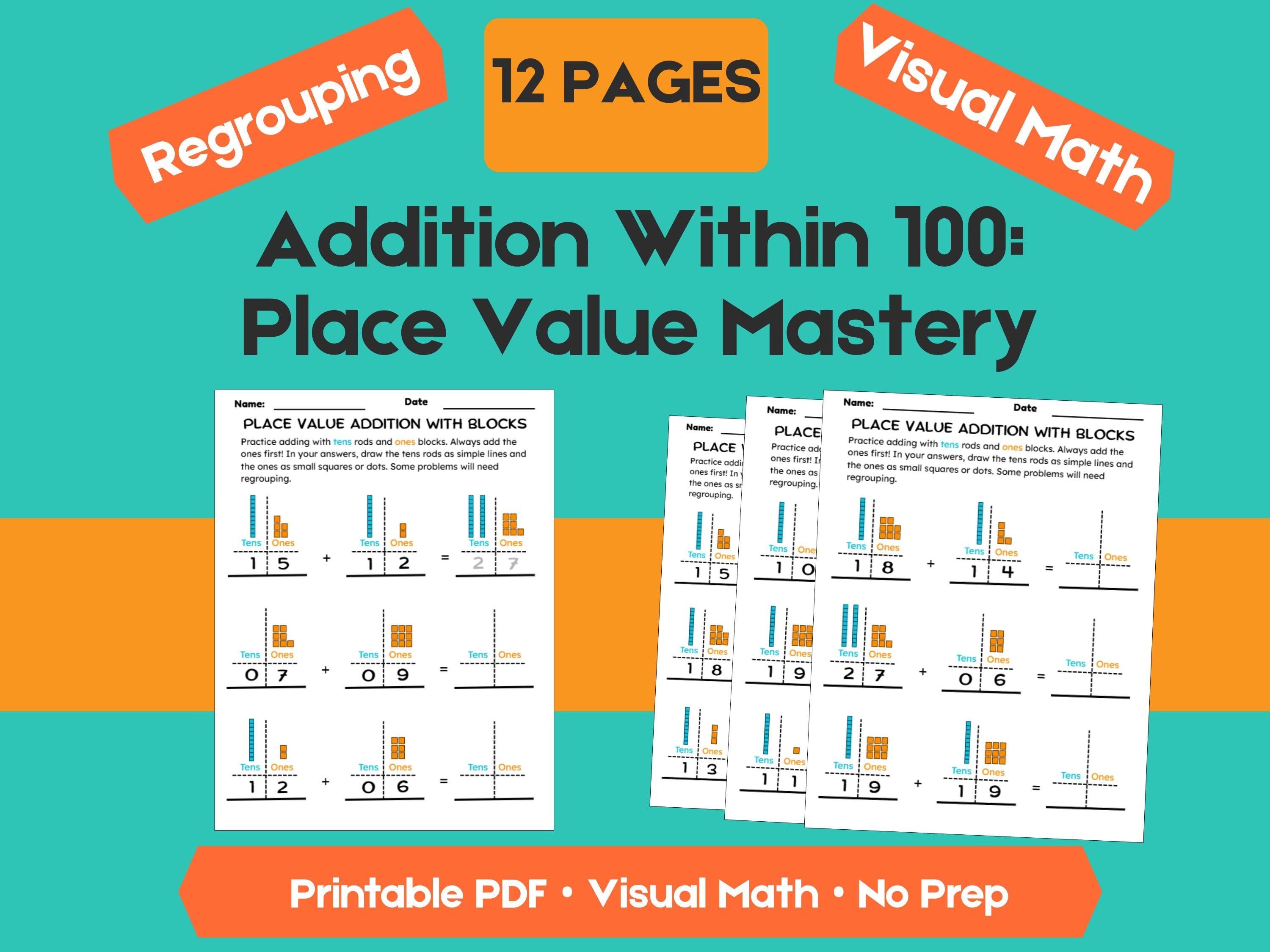 Addition with Place Value Blocks Worksheets | Adding Within 100 | Tens and Ones Regrouping Practice | Printable Math PDF