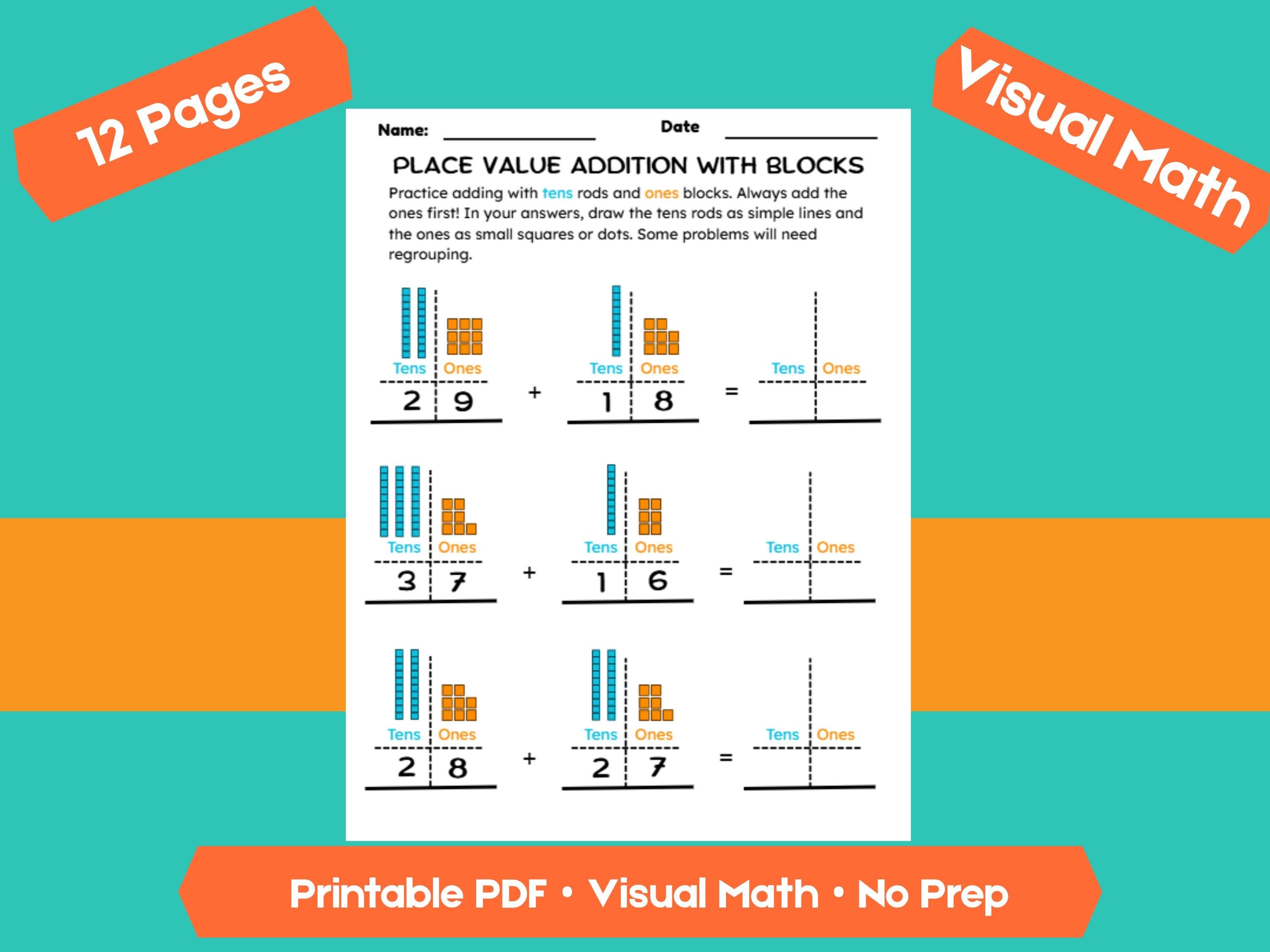 Addition with Place Value Blocks Worksheets | Adding Within 100 | Tens and Ones Regrouping Practice | Printable Math PDF